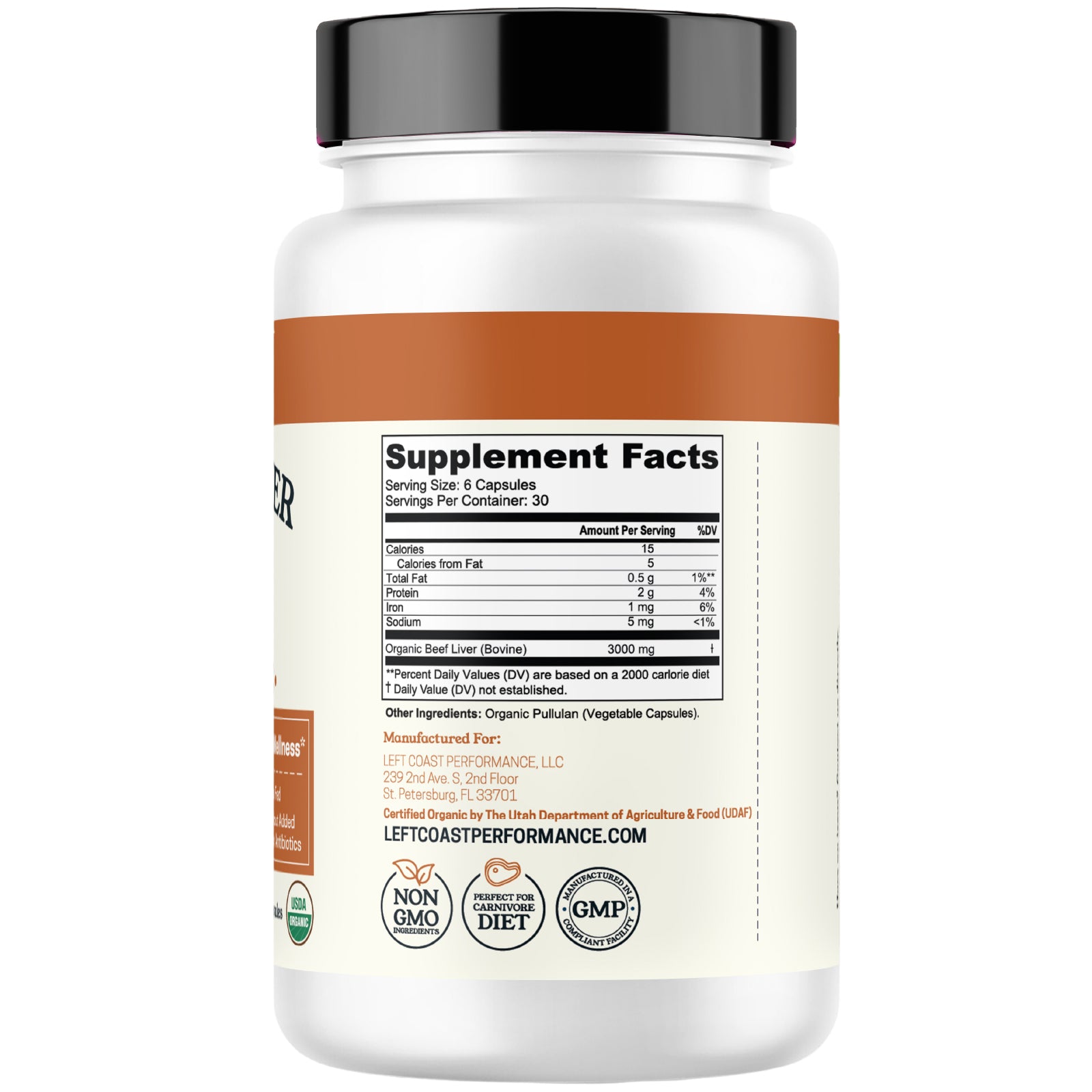 Side view of 180ct beef liver capsules bottle with supplement facts.