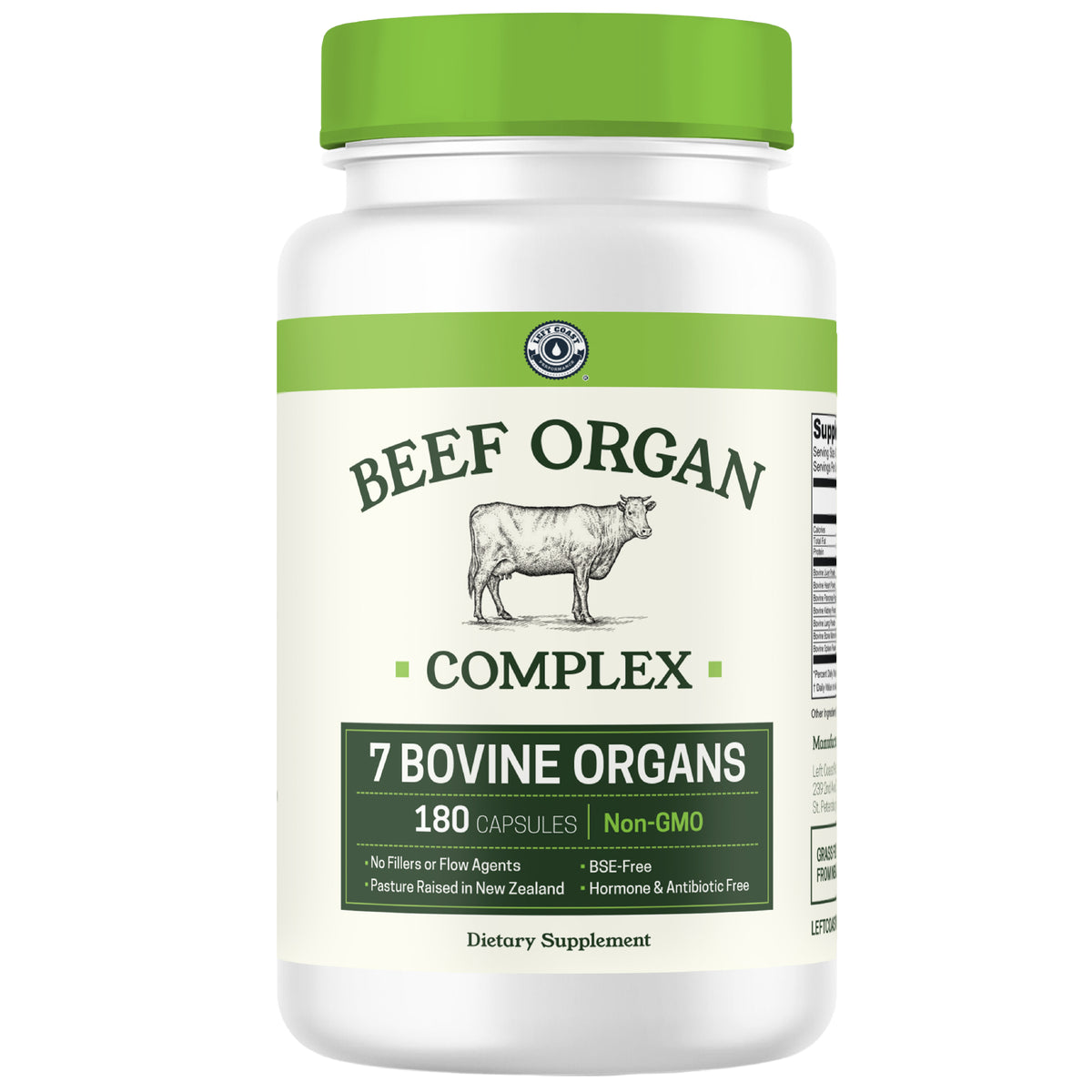 Supplement bottle labeled 'Beef Organ Complex'. Bottle states '7 Bovine Organs', '180 capsules', and 'Non-GMO'.