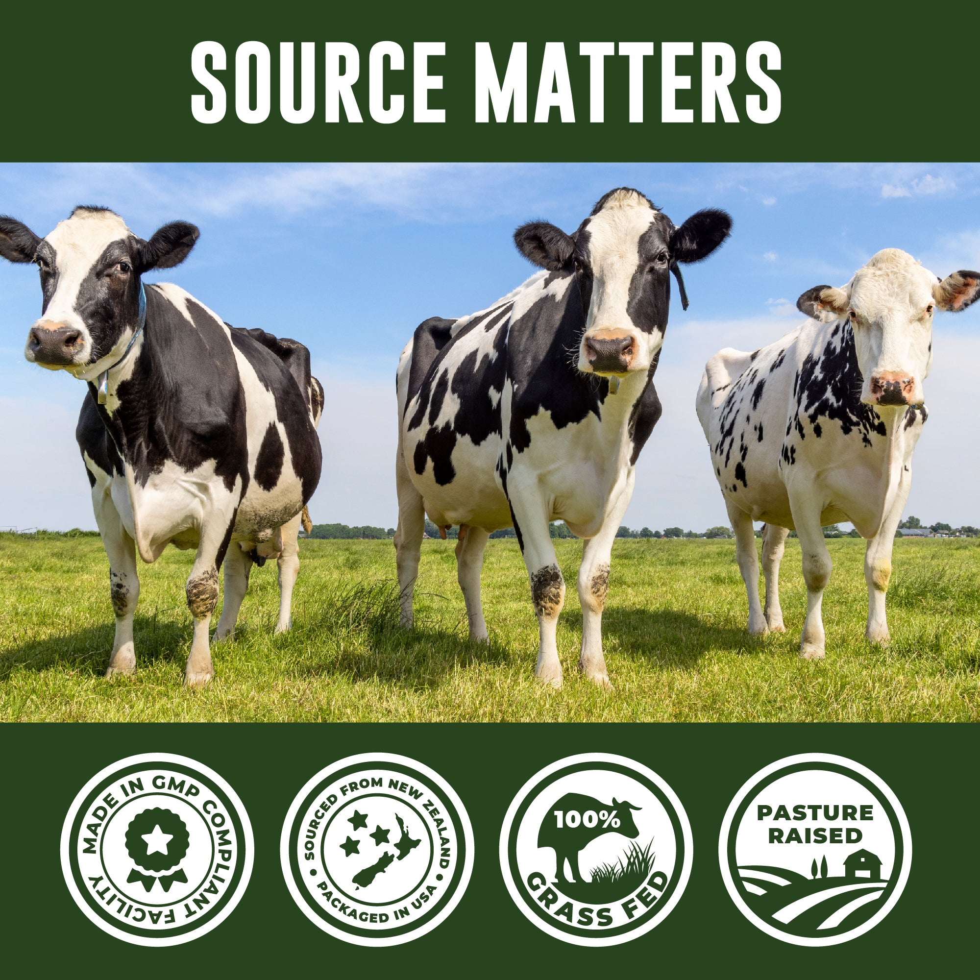 Three cows standing in a field with 'Source Matters' text and certification logos at the bottom.