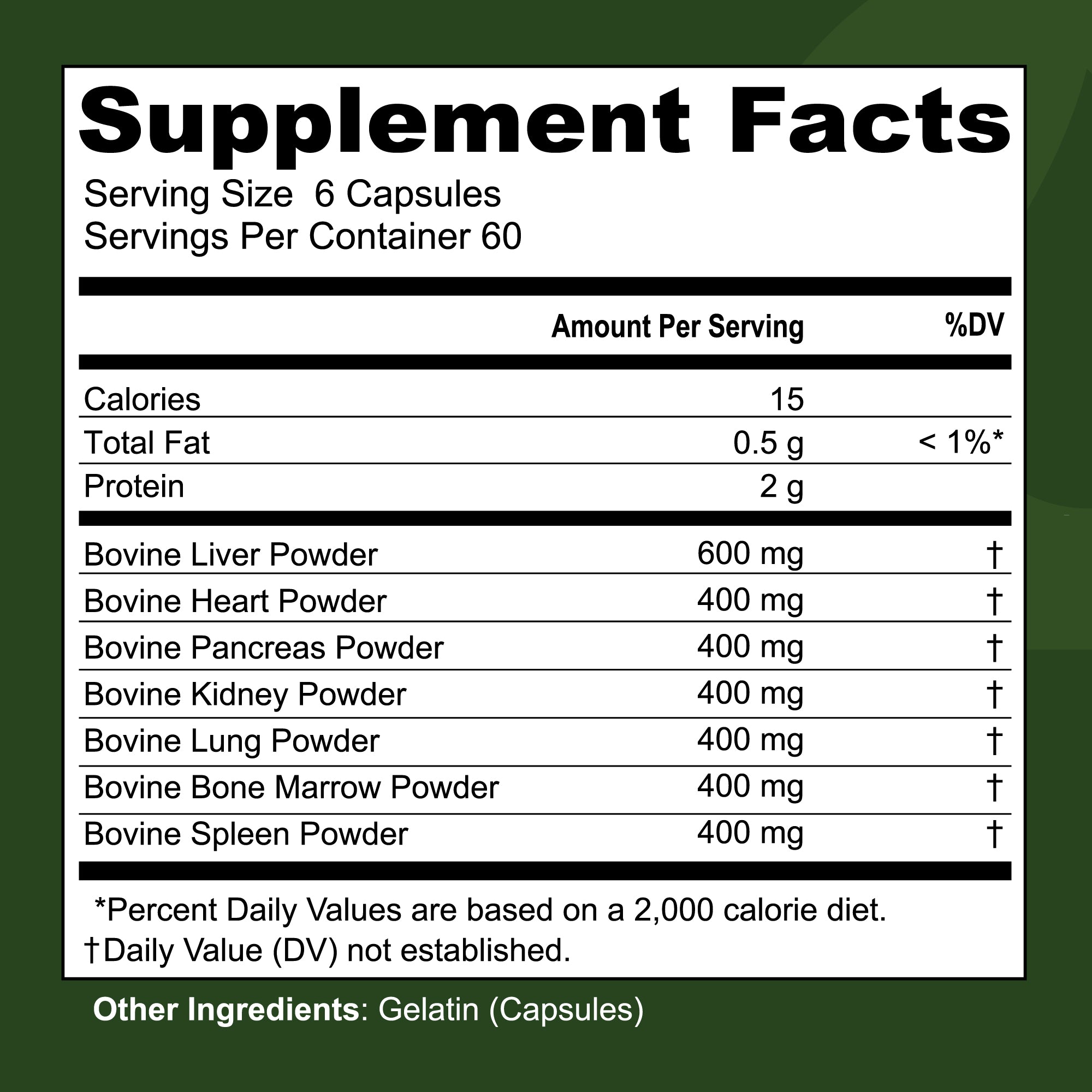 Supplement facts label with various bovine powder contents on a green background
