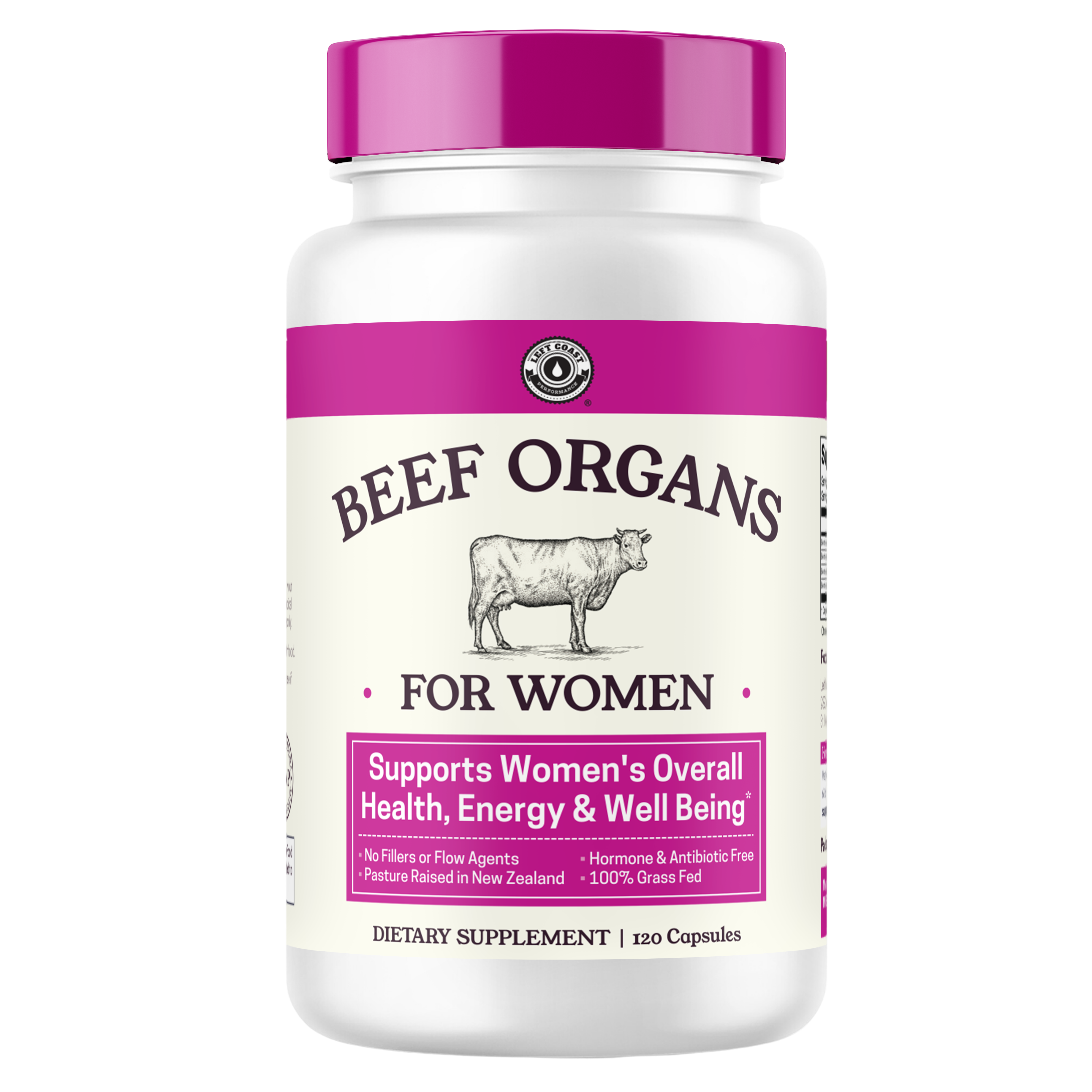 Supplement bottle labeled 'Beef Organs for Women' on a white background