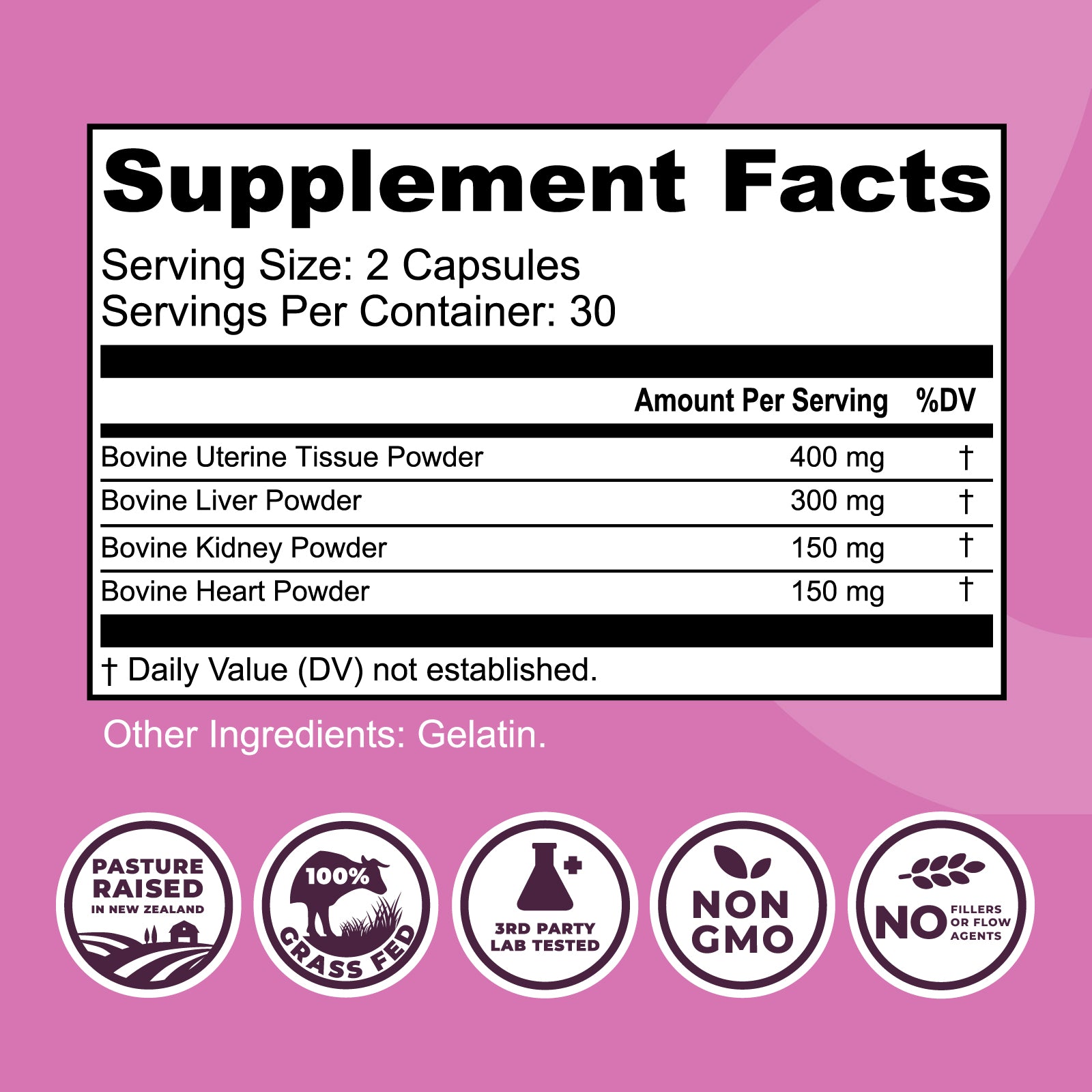 Supplement facts label with ingredients on a pink background
