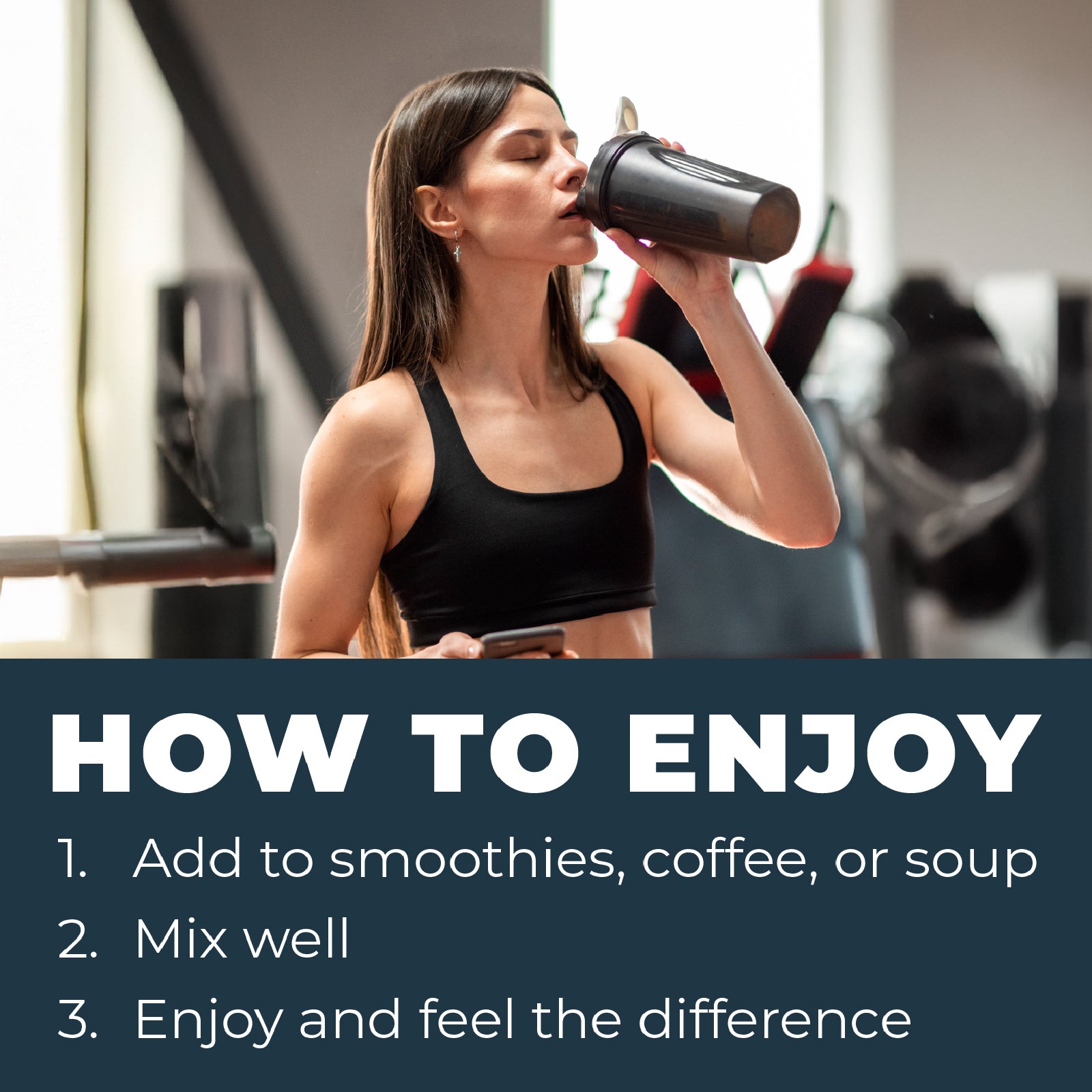 Woman in a gym drinking from a shaker bottle with text on how to enjoy bone broth powder.