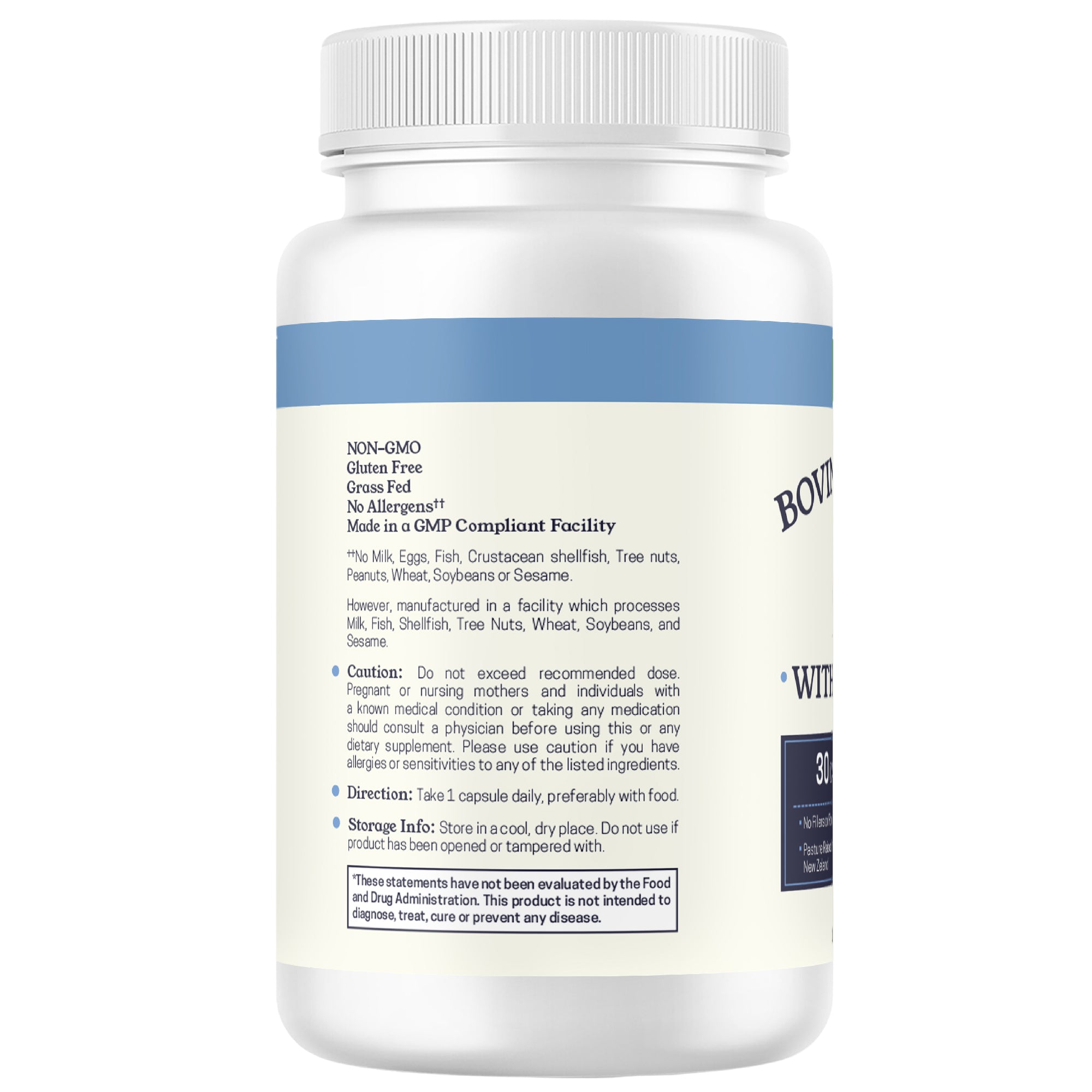 Side view of 30ct bottle of Bovine Thyroid with Beef Liver capsules showing product info and directions.