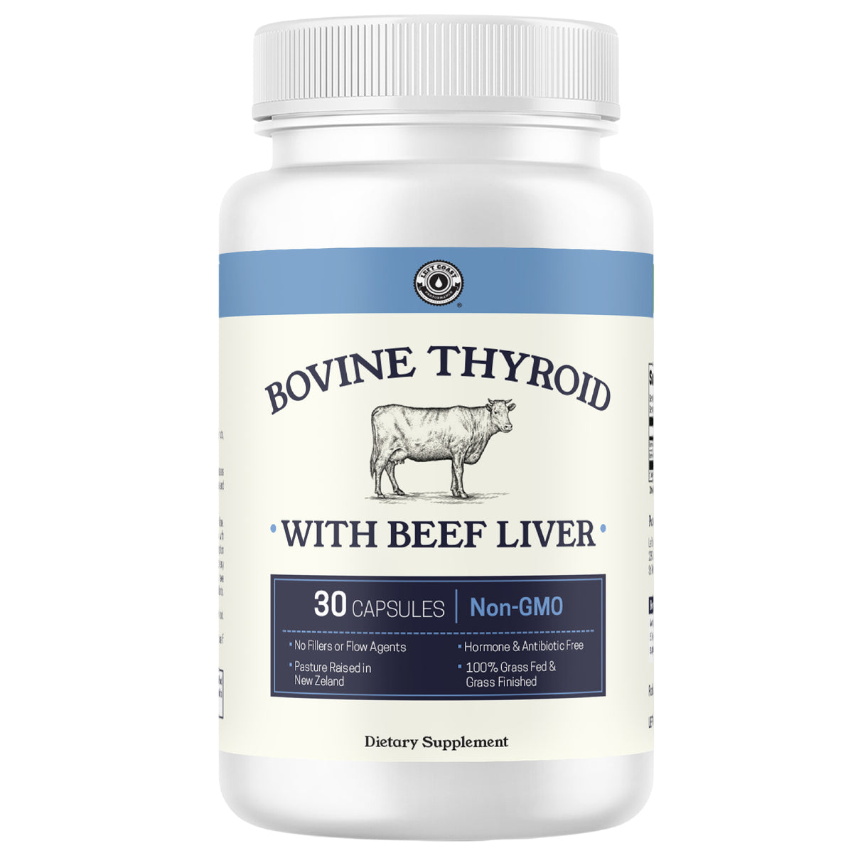Supplement bottle labeled 'Bovine Thyroid with Beef Liver', 30 capsules.
