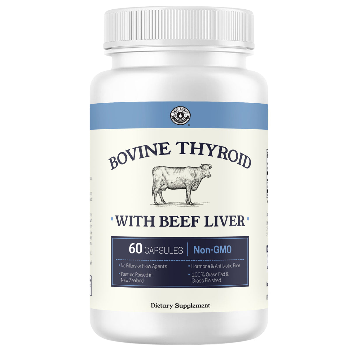 Supplement bottle labeled 'Bovine Thyroid with Beef Liver', 60 capsules.