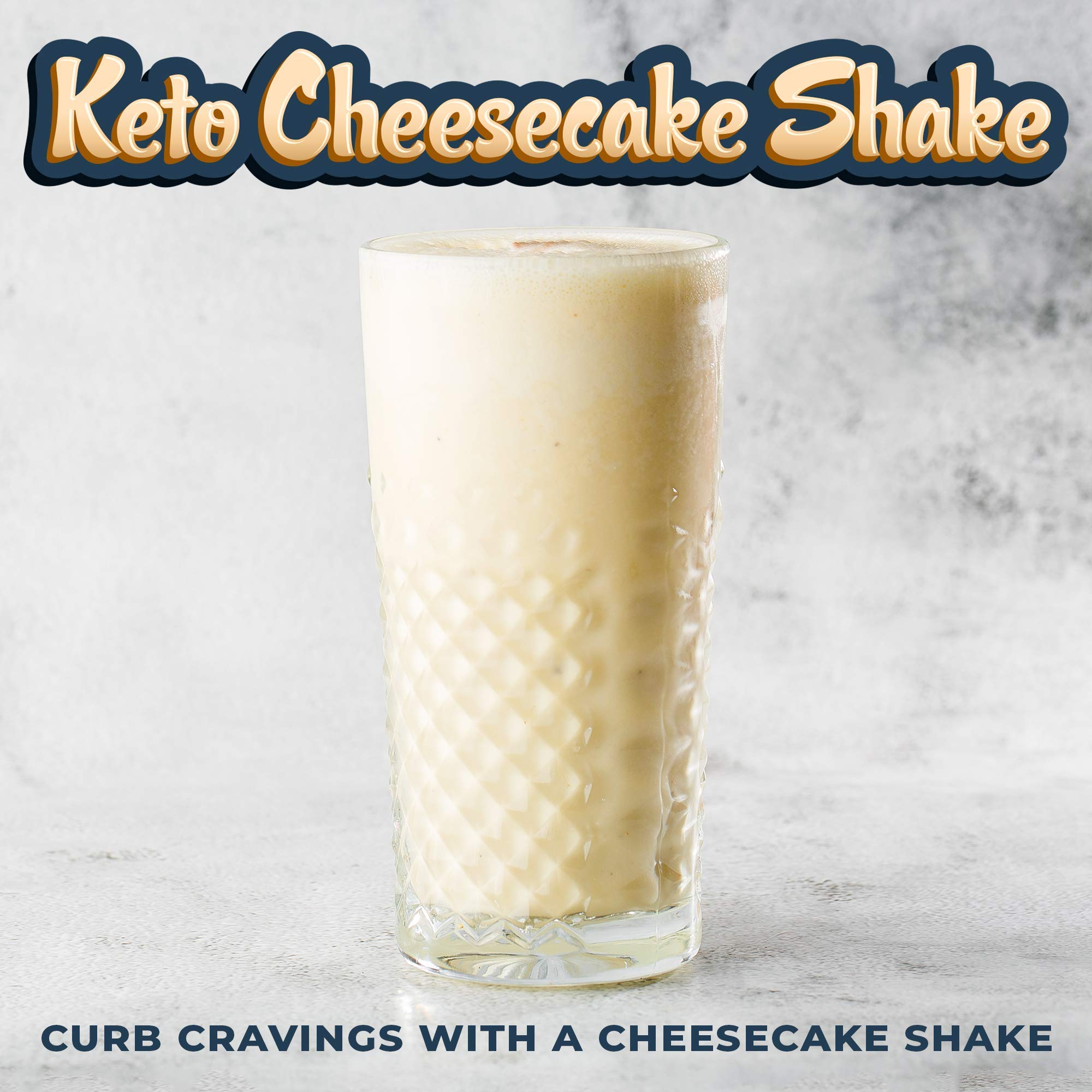 Keto cheesecake shake in a glass with a textured pattern on a light gray background.