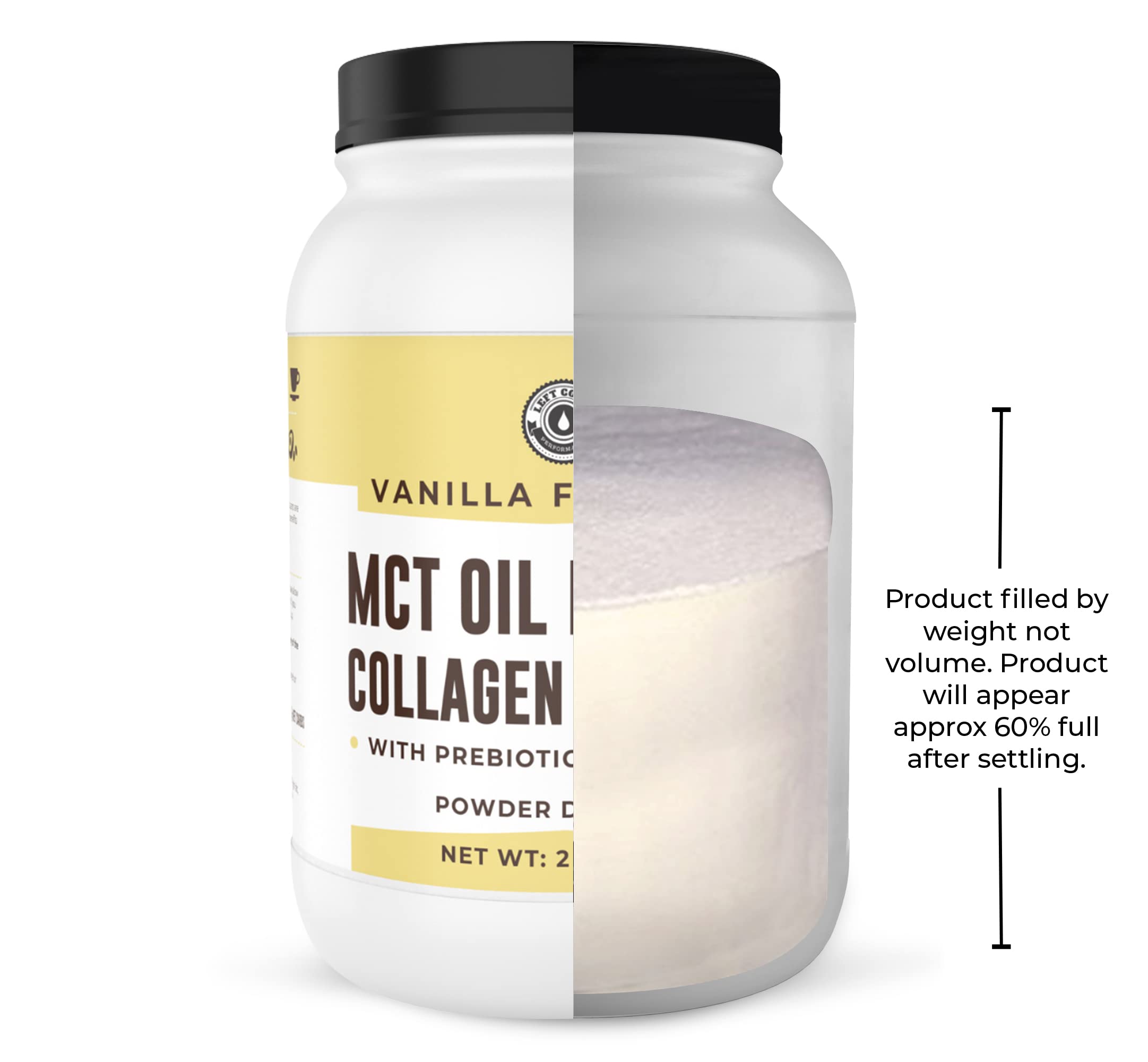 Tub of MCT Oil Powder + Collagen with a cross-section showing the amount of powder in the container.
