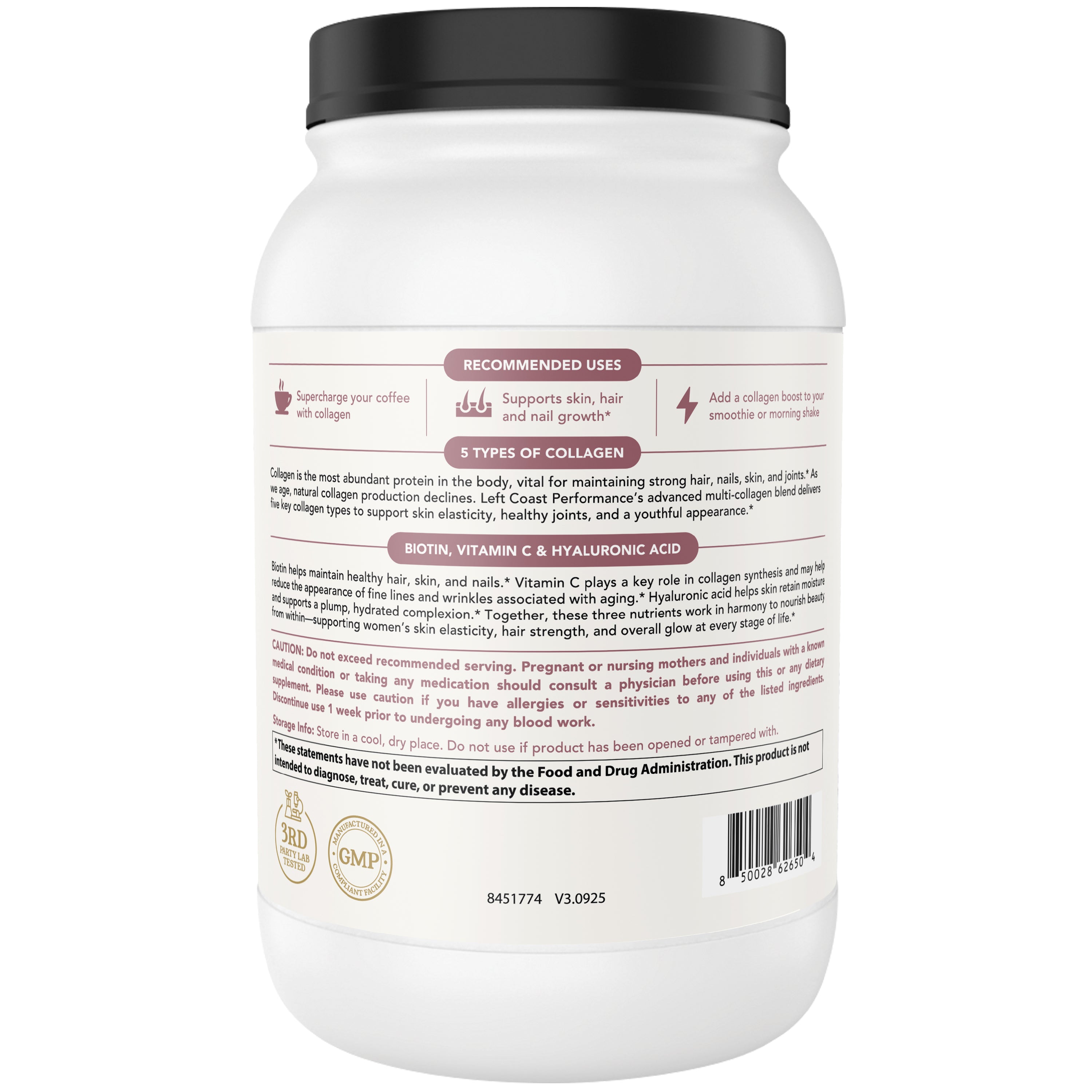 Back of a 32oz multi collagen supplement bottle showing recommended uses and ingredient benefits.