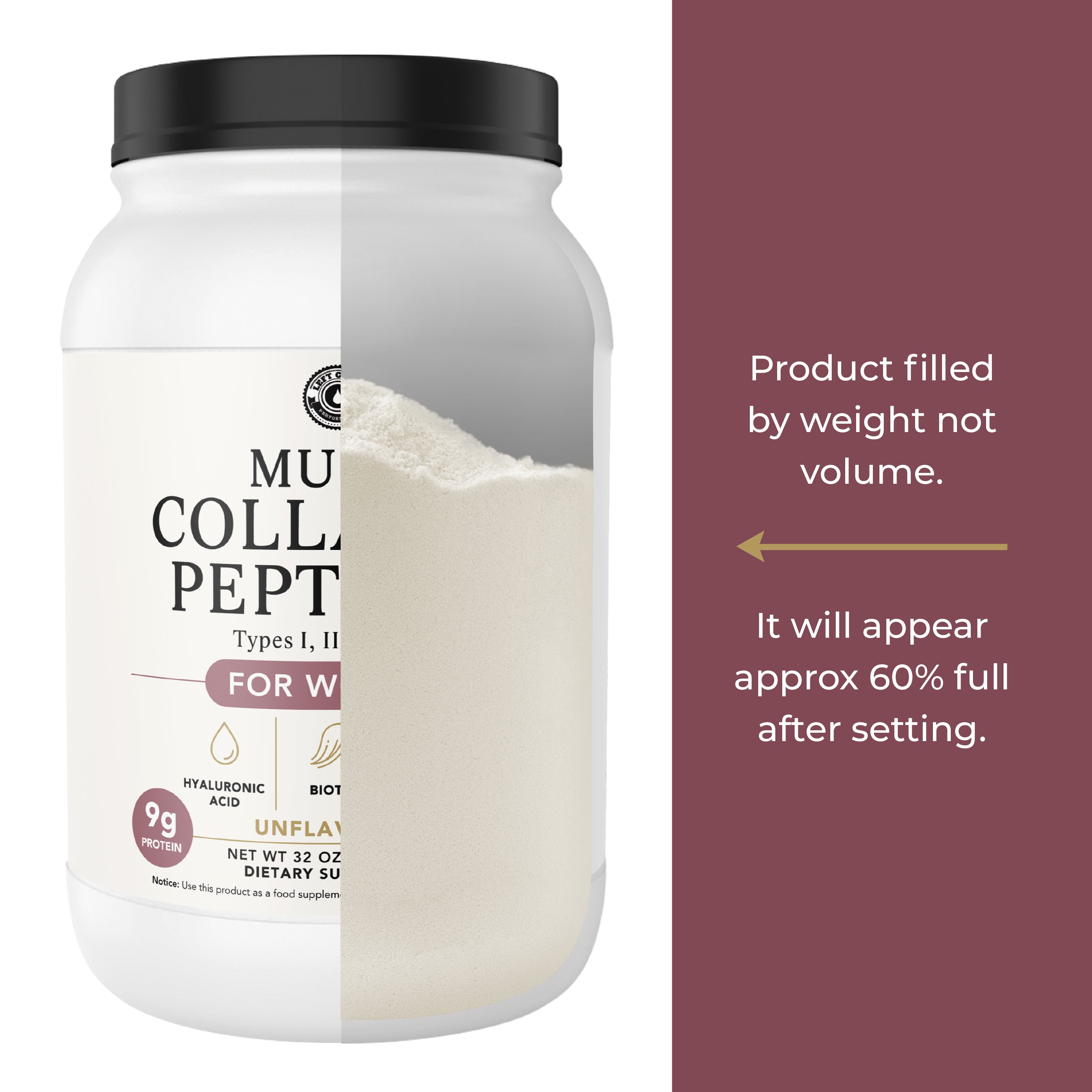 Collagen peptide powder container displaying that the product is filled by weight, not volume, and will only appear 60% full after settling.