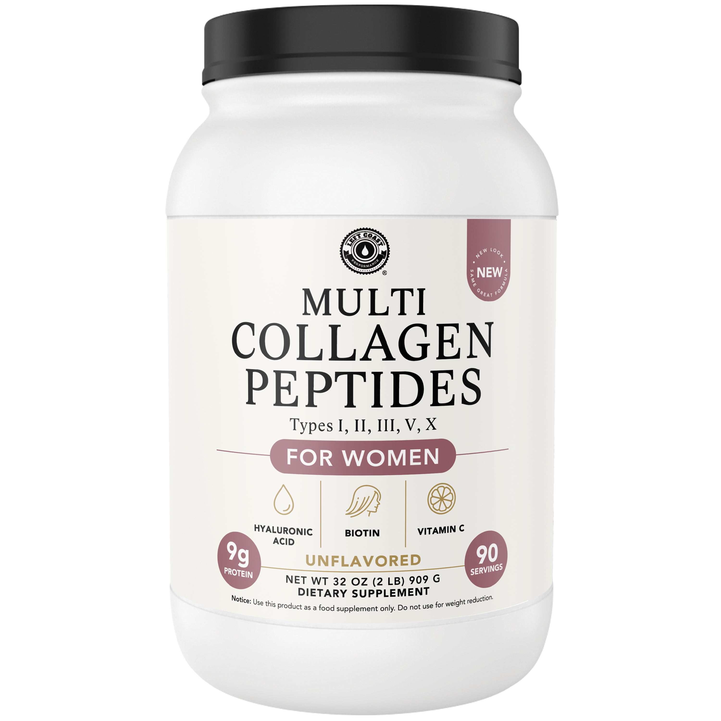 Container of unflavored Multi Collagen Peptides for women with types I, II, III, V, and X.