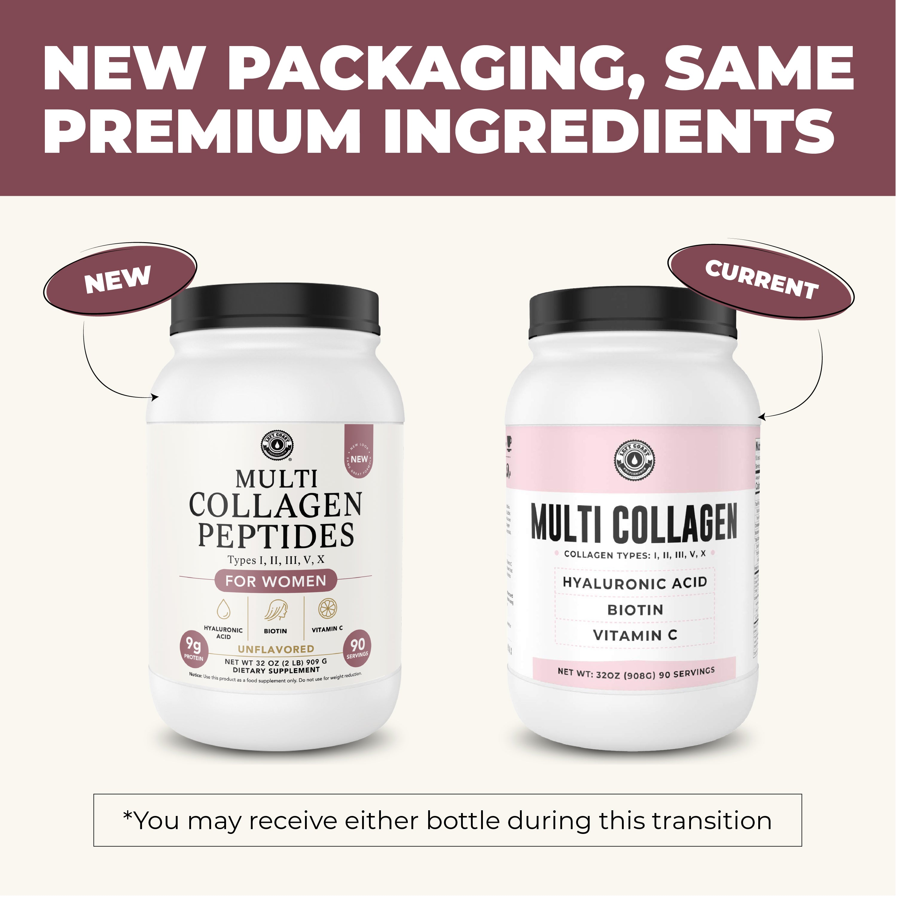Two containers of multi collagen peptides demonstrating the old and new packaging side by side.