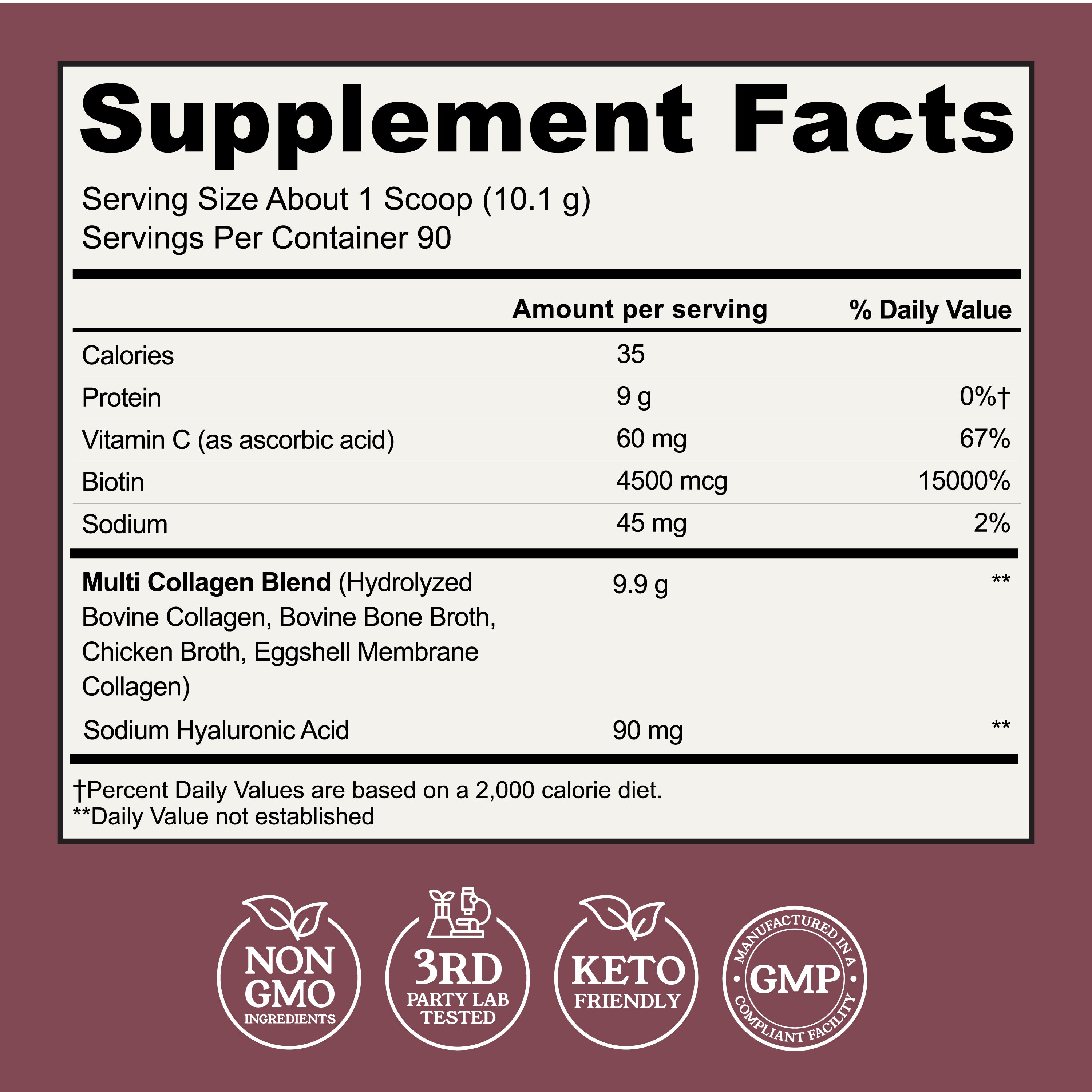 Multi Collagen Blend supplement facts showing 9.9g multi collagen blend in one 35 calorie scoop.
