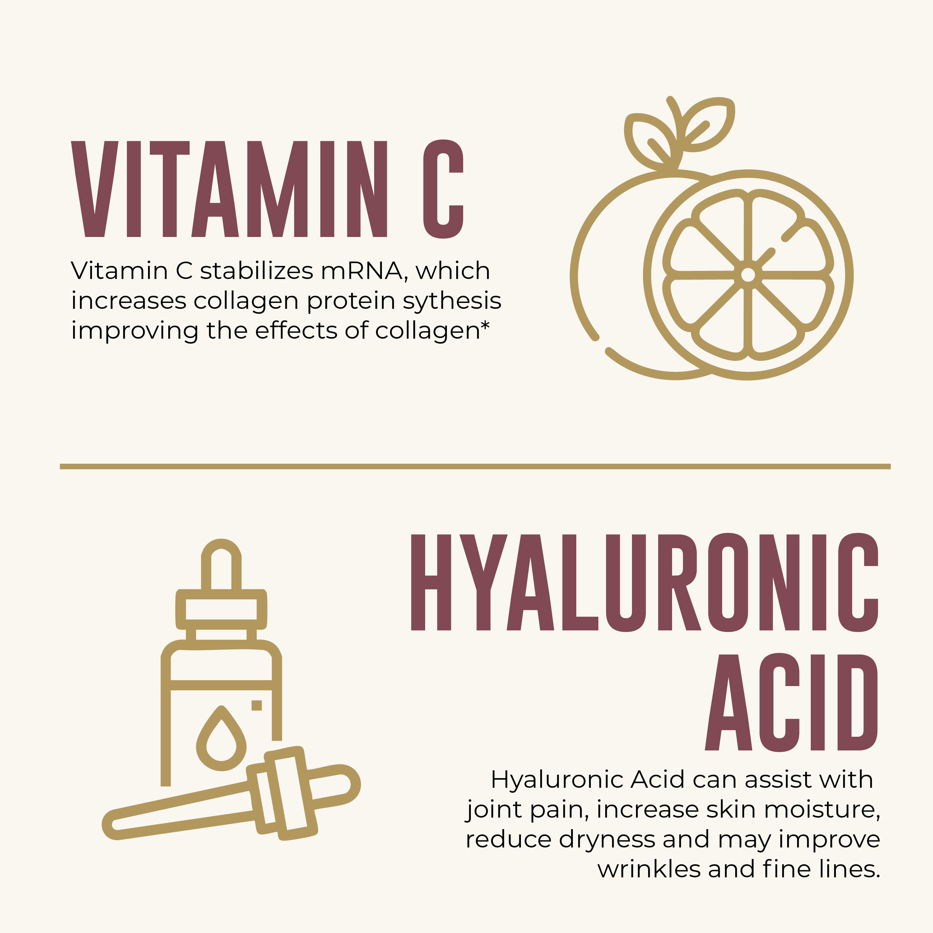 Infographic about the benefits of Vitamin C and Hyaluronic Acid for skin, joints, and collagen protein synthesis.