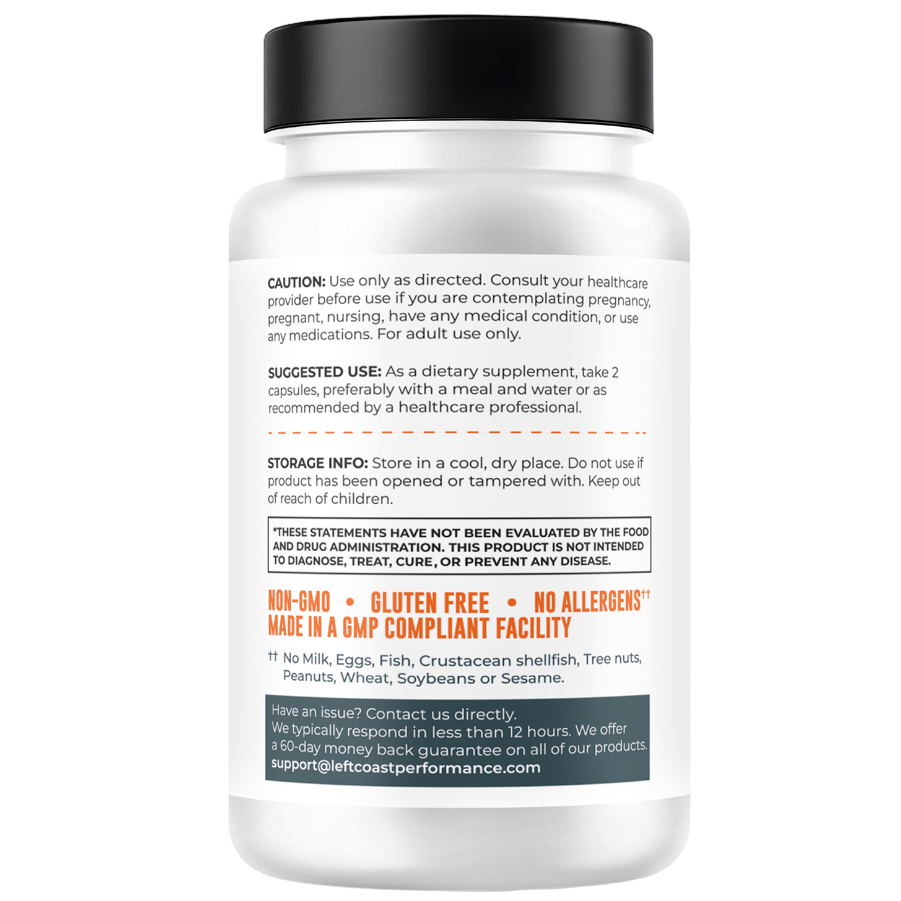 Back of NMN supplement bottle showing storage info, suggested use, and allergen details.