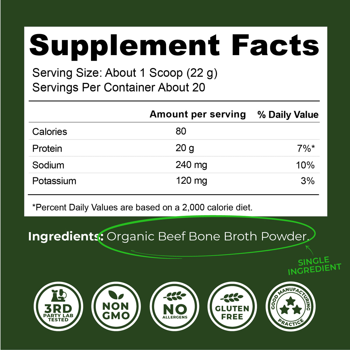 Supplement facts label for organic beef bone broth powder and quality badges on a green background