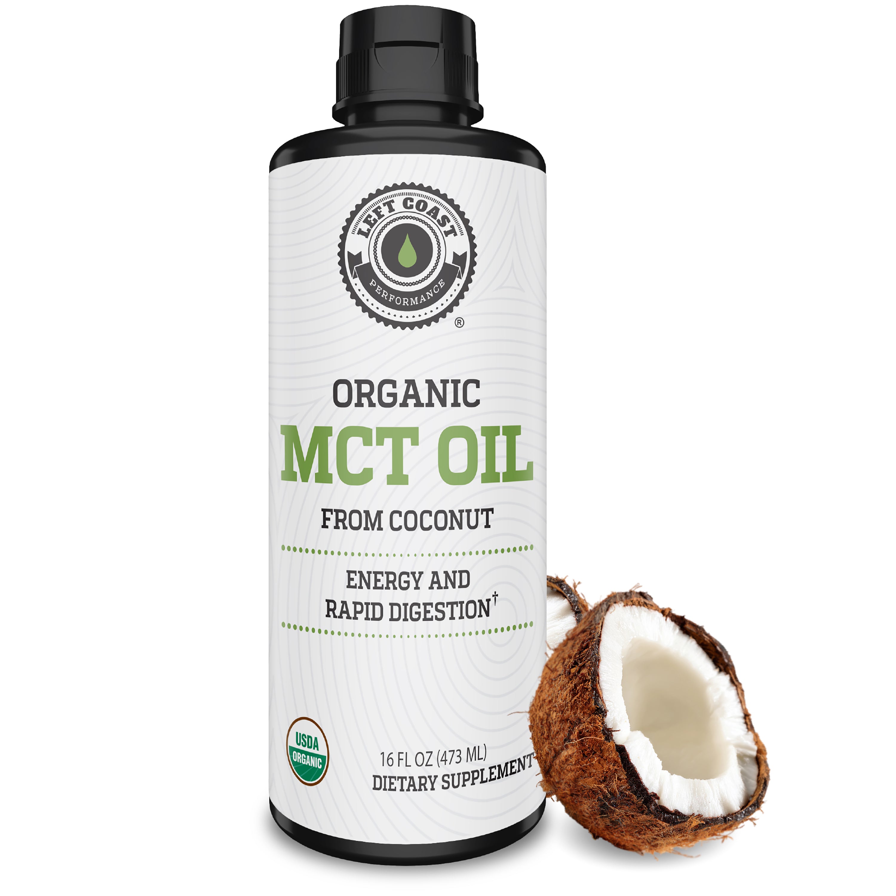16 fl oz bottle of Organic MCT Oil from Coconut shown next to cut open coconut