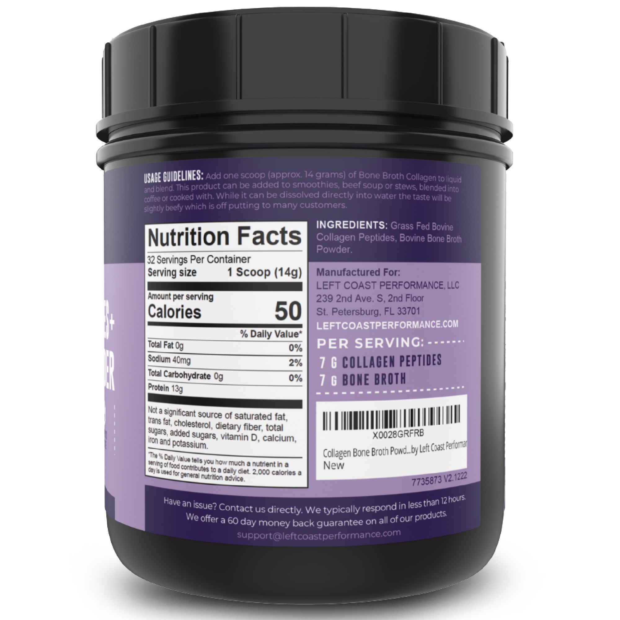 Collagen + Bone Broth Powder, Unflavored, 16oz