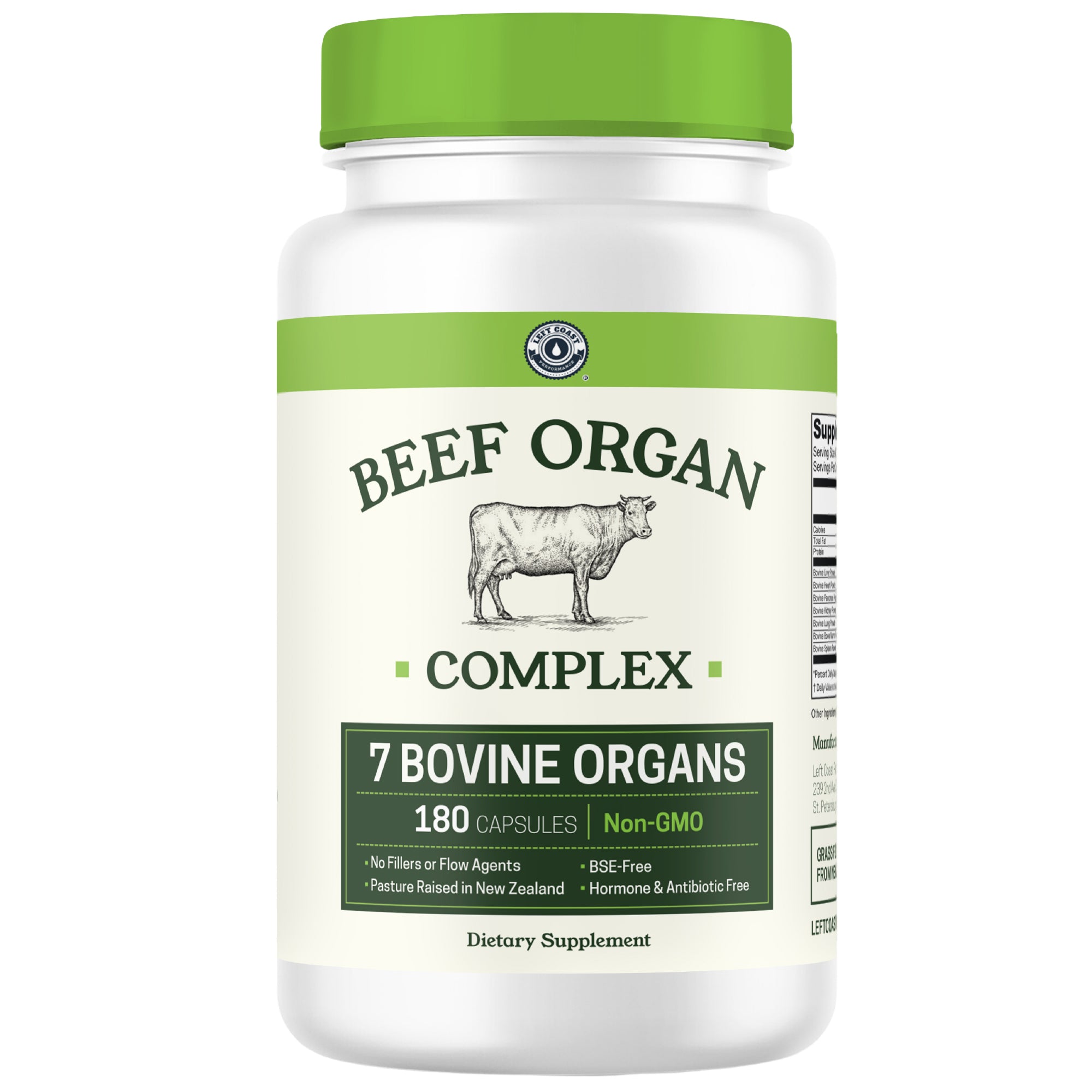 Supplement bottle labeled 'Beef Organ Complex' with a green cap and label on a white background.