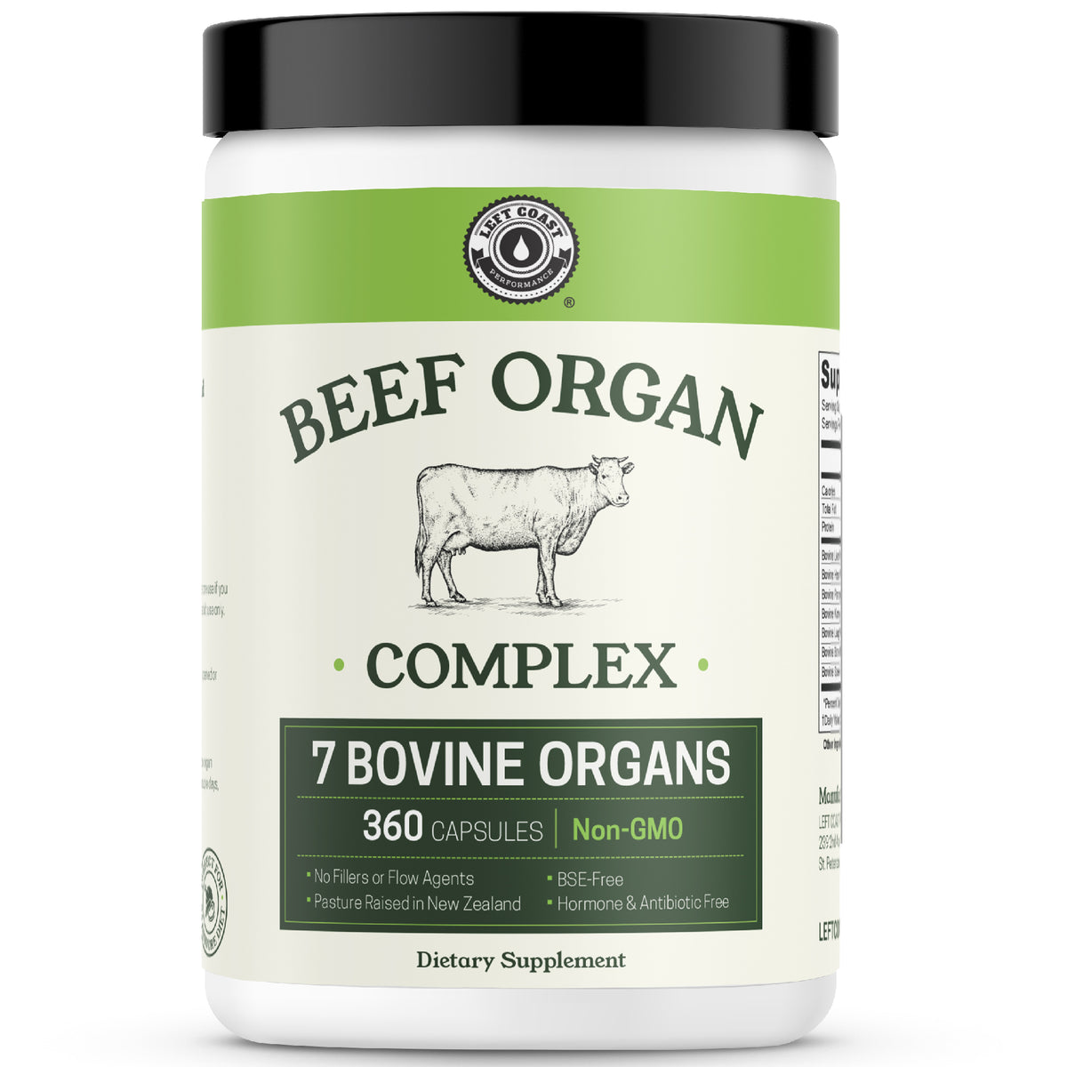 Supplement container labeled 'Beef Organ Complex' with 360 capsules. 