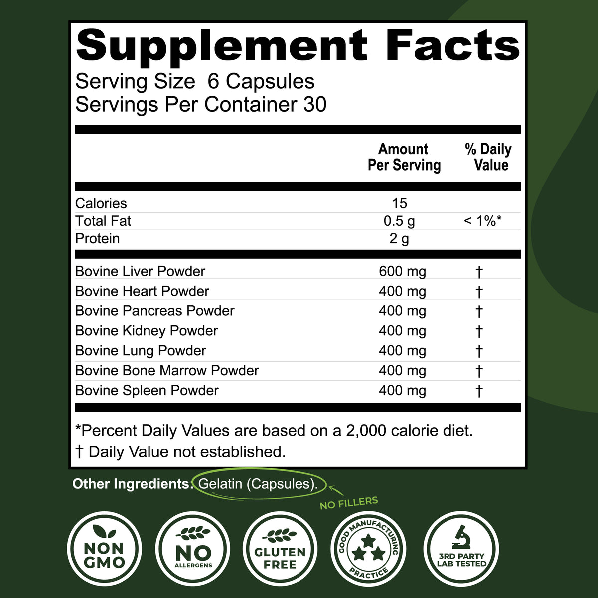 Supplement facts label with ingredients and quality badges.