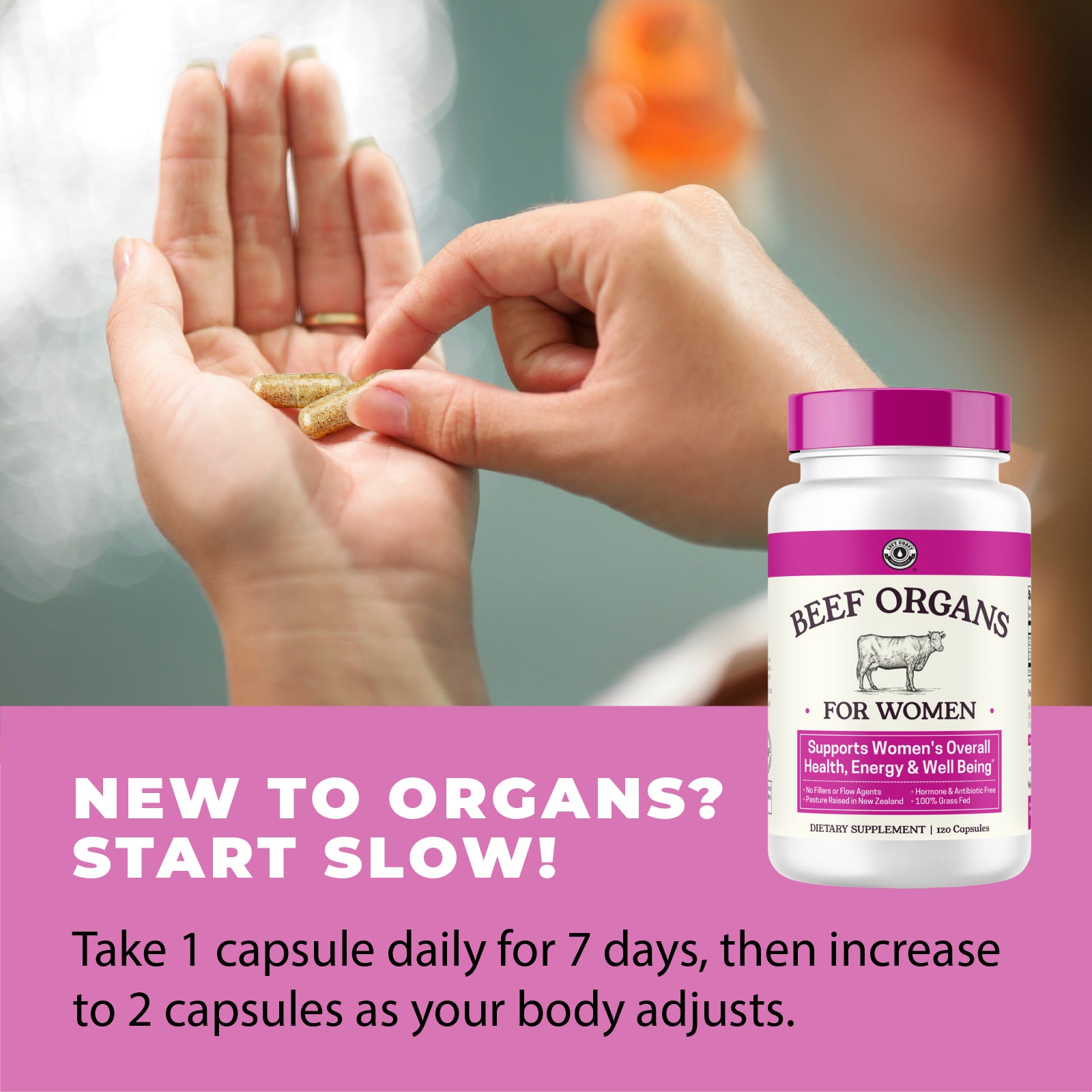 Hands holding capsules with text explaining how to adjust the dosage.