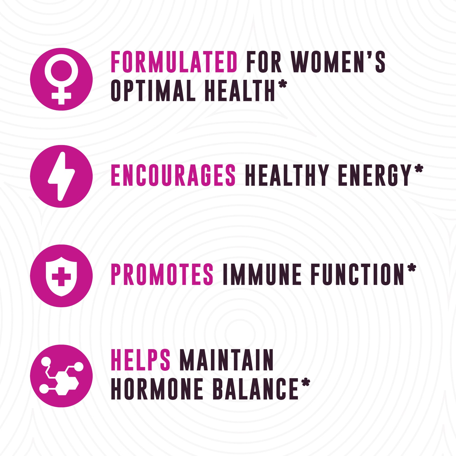 List of benefits for women's health, energy, immune function, and hormone balance with pink icons and text on a white background