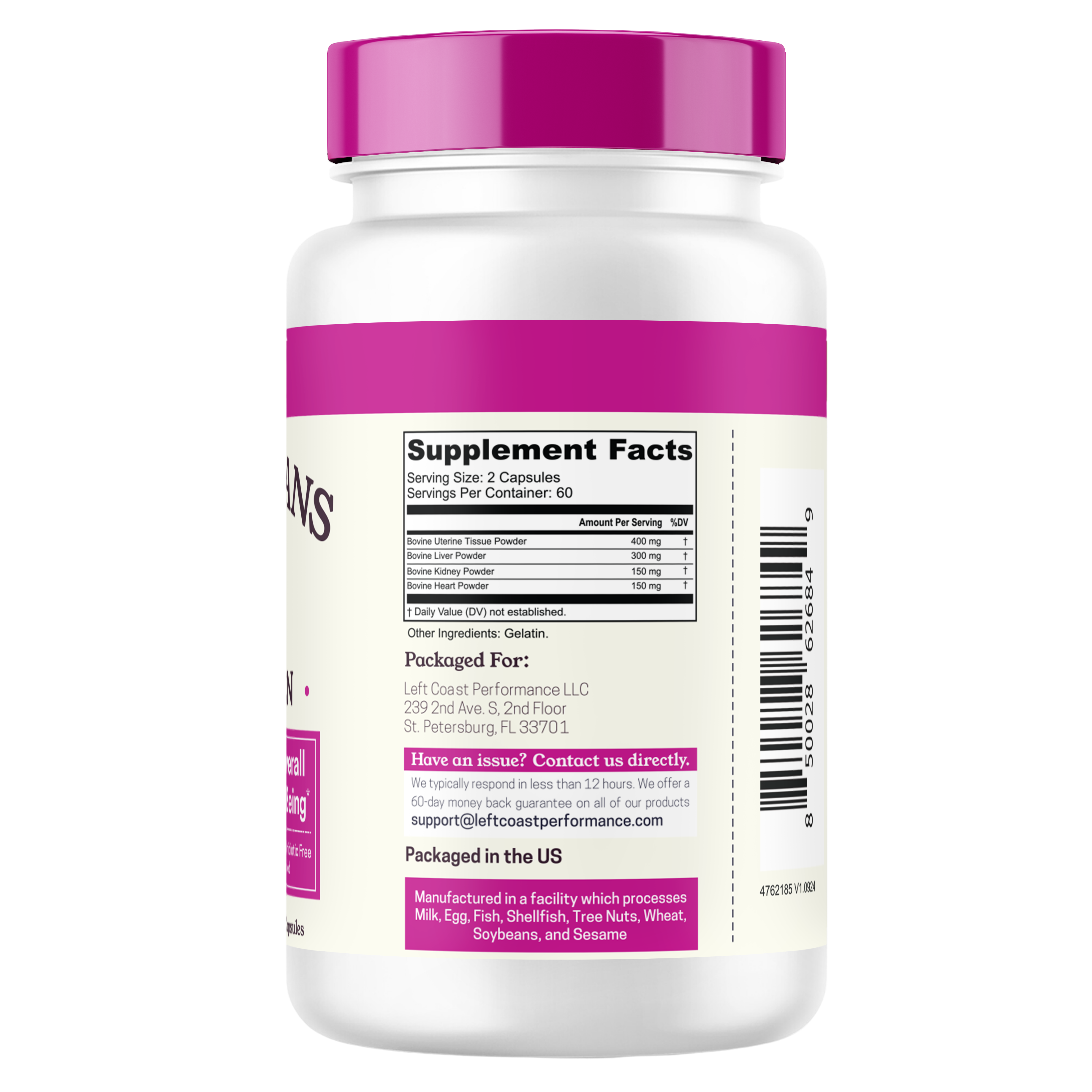 Right side view of bottle showing supplement facts and manufacturing information