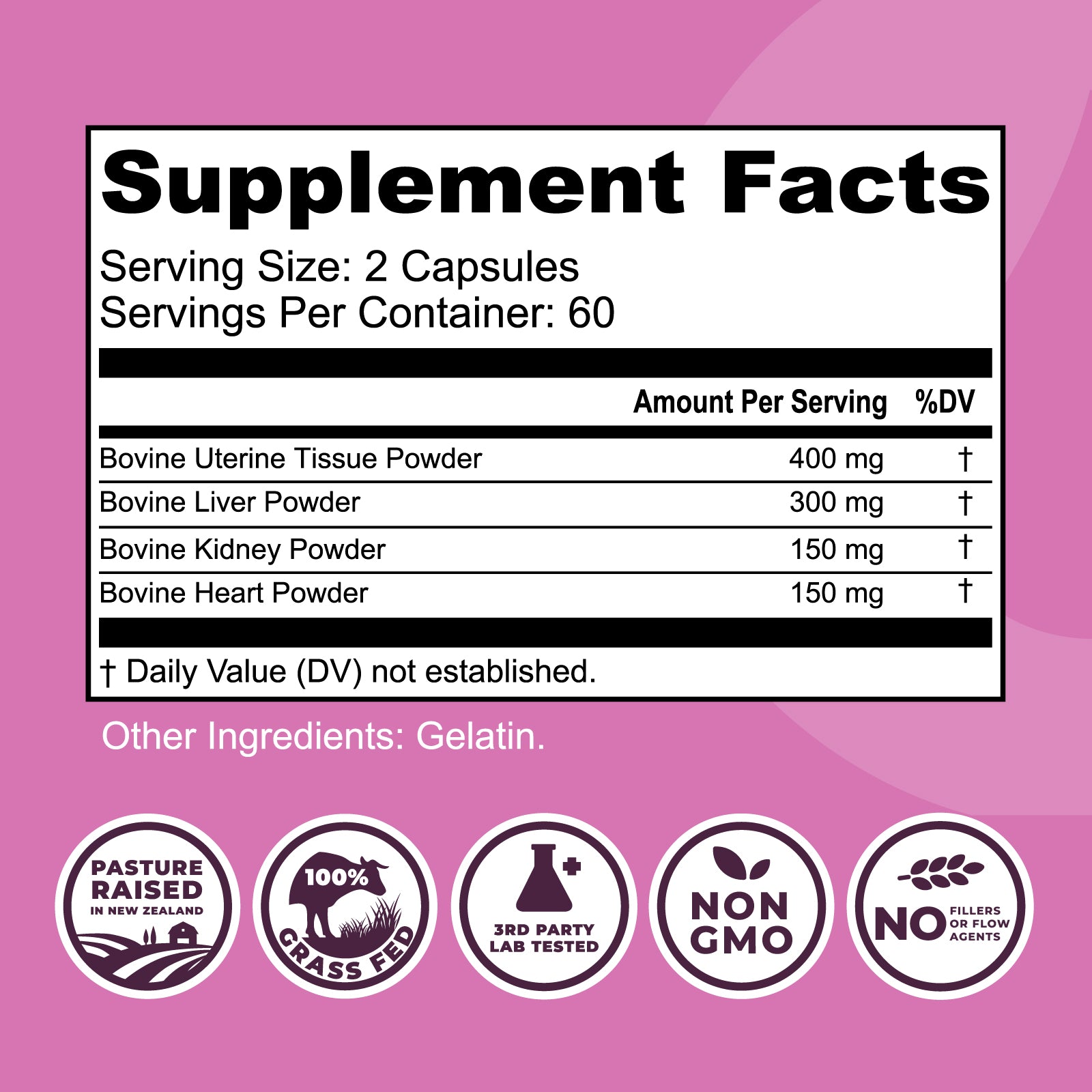 Supplement facts label with ingredients on a pink background