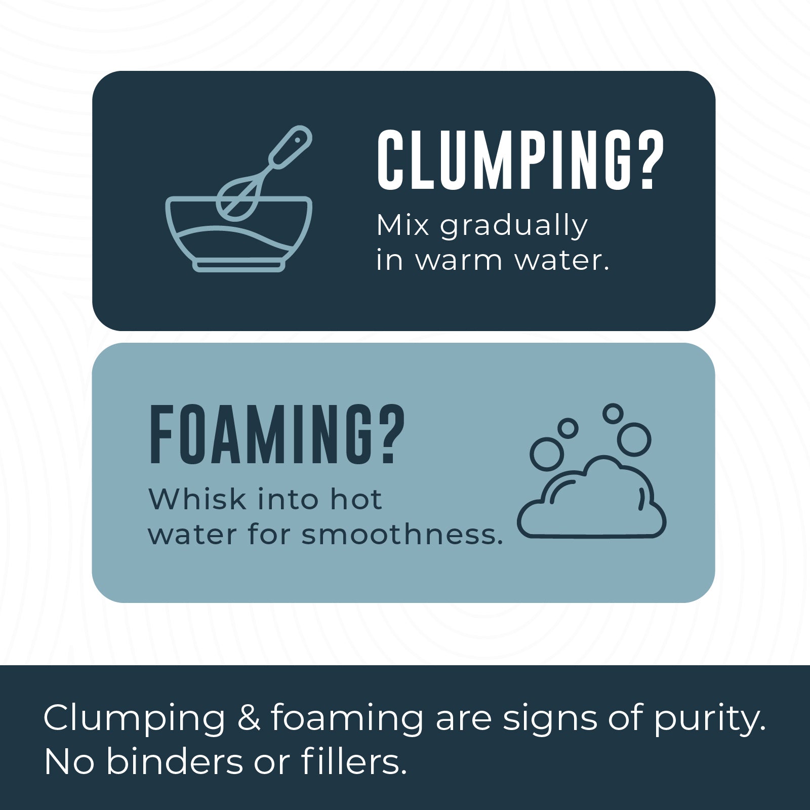 Instructions for dealing with clumping and foaming in bone broth powder with simple icon illustrations in blue. 