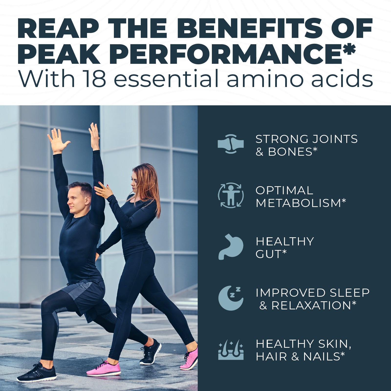 Two people exercising outdoors with text about amino acids and their benefits.