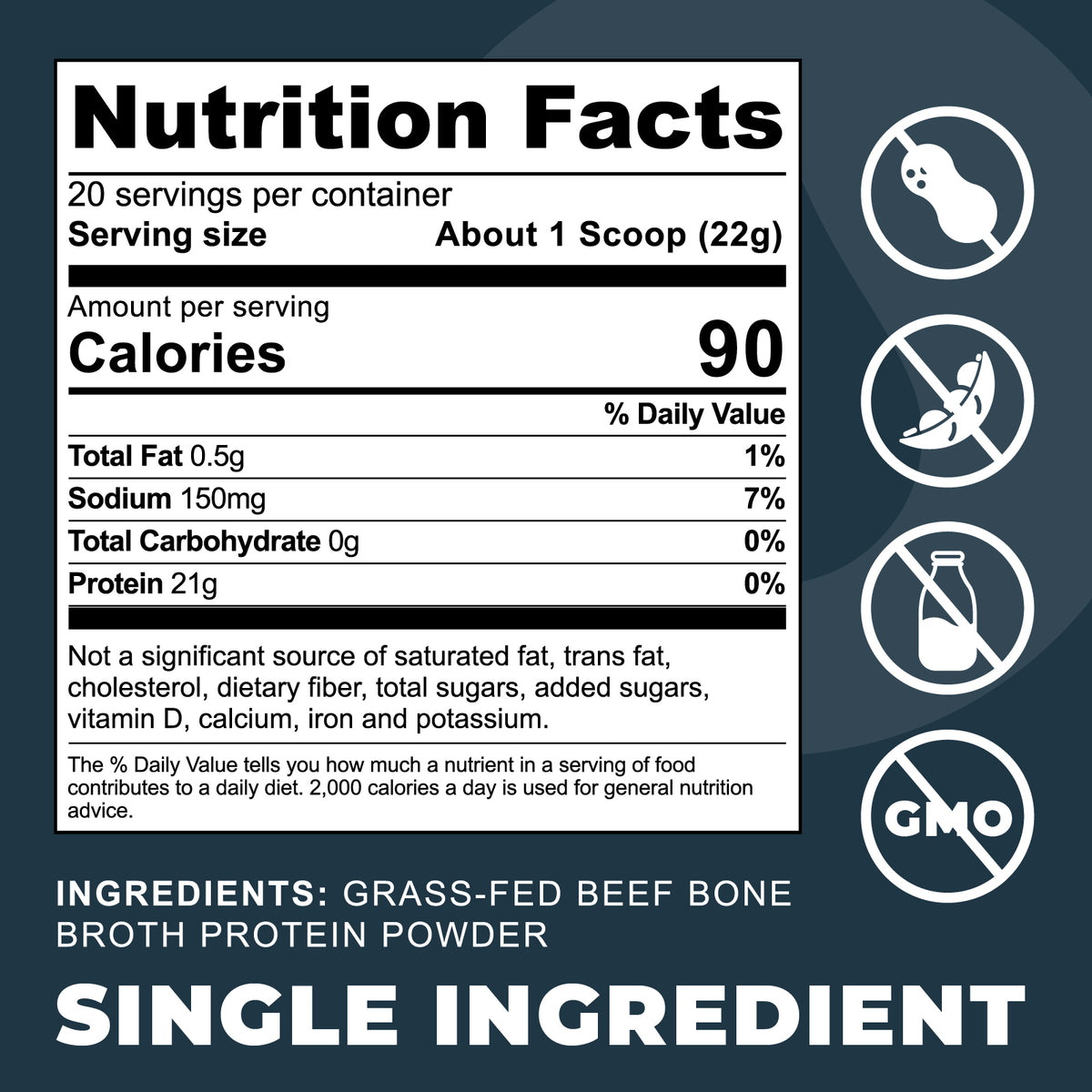 Nutrition facts label for single-ingredient grass-fed beef bone broth protein powder with product details