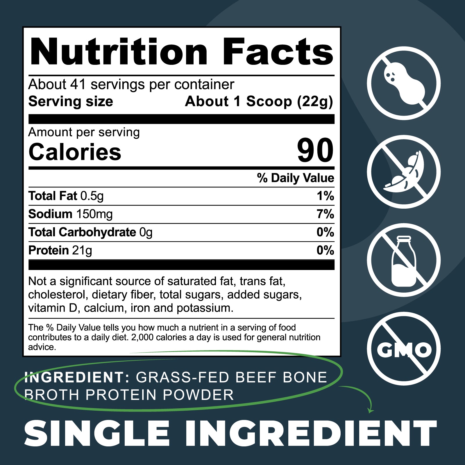 Nutrition facts label for grass-fed beef bone broth protein powder on a dark blue background with icons.