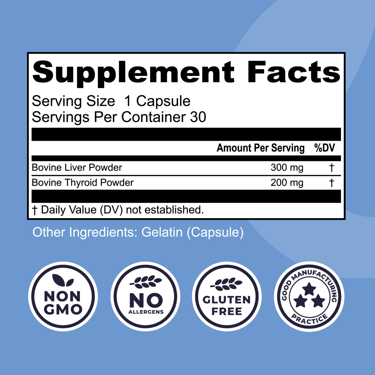 Supplement facts label with serving size, servings per container, and ingredient information on a blue background.