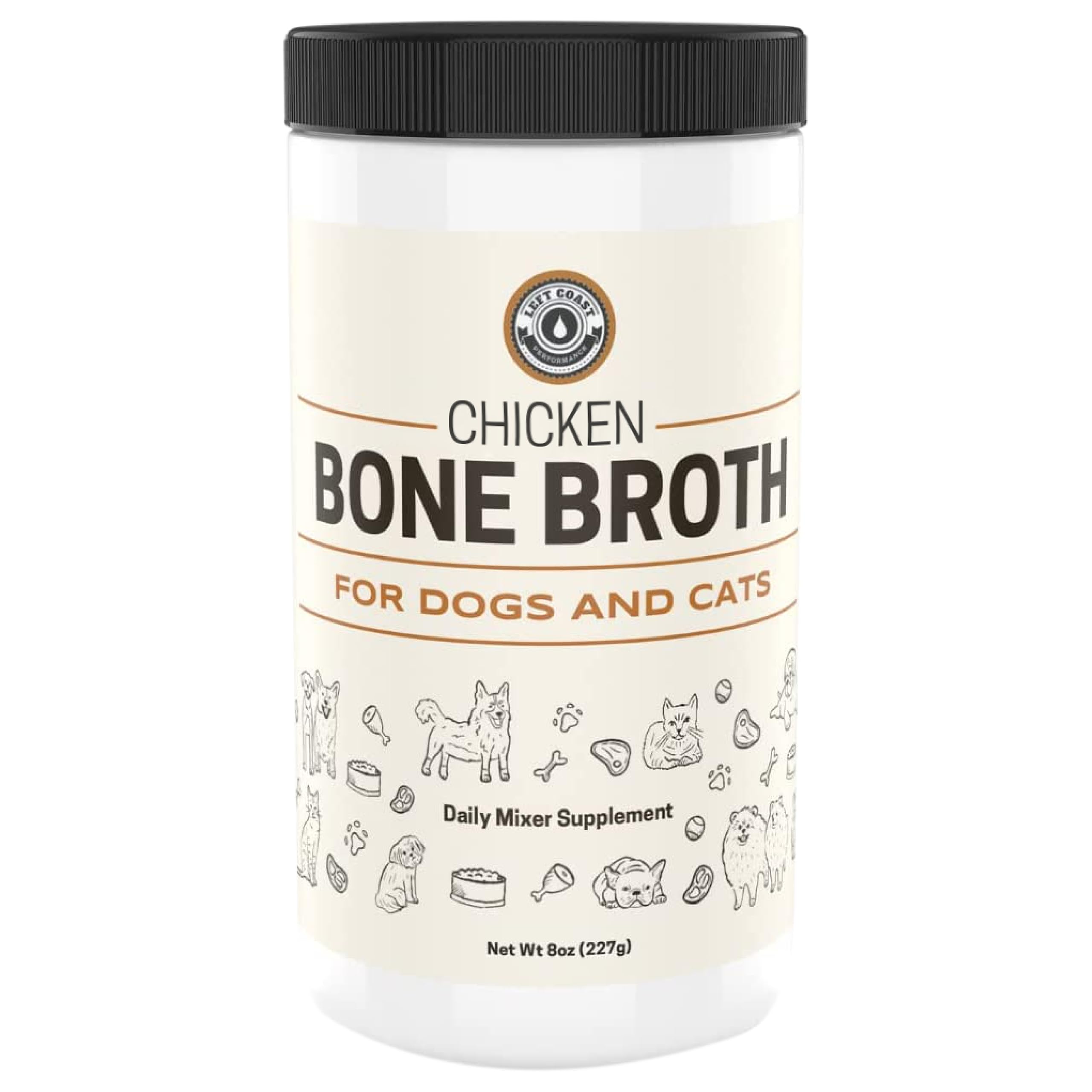 8oz container of chicken bone broth for dogs and cats on a white background