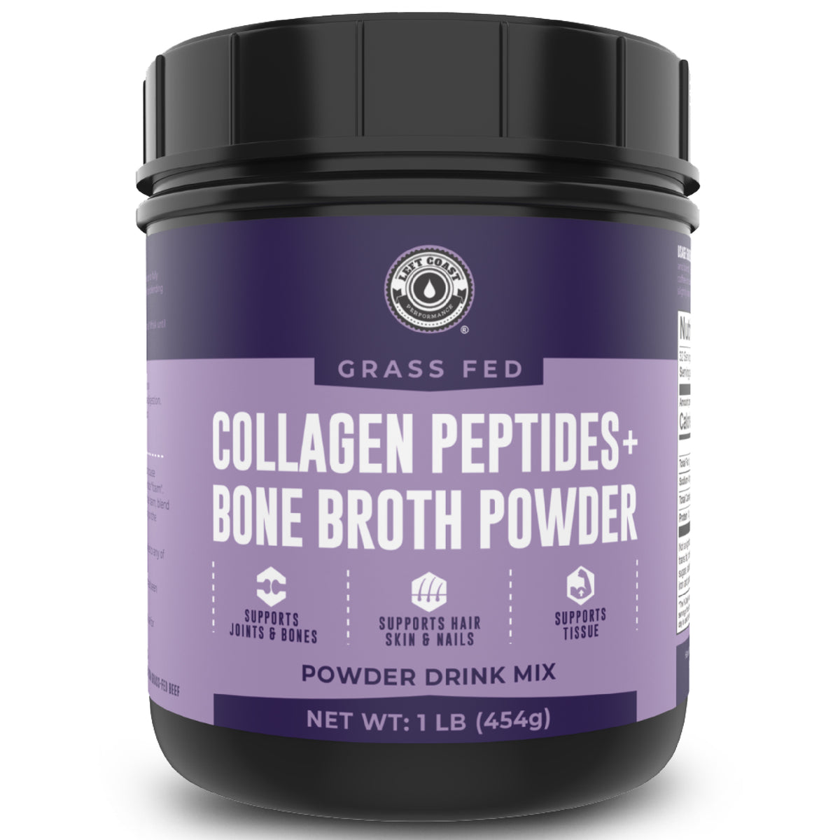 1lb container of collagen peptides and bone broth powder with icons and text about joints and bones, hair, skin and nails, and tissue support. 