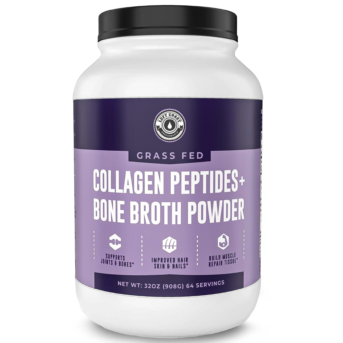 32oz collagen peptides and bone broth powder container with 64 servings. 
