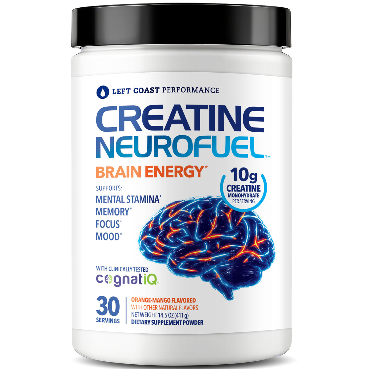 A 30-Serving tub of Left Coast Performance Creatine Neurofuel Brain Energy dietary supplement powder, featuring a blue and orange brain graphic on the label.