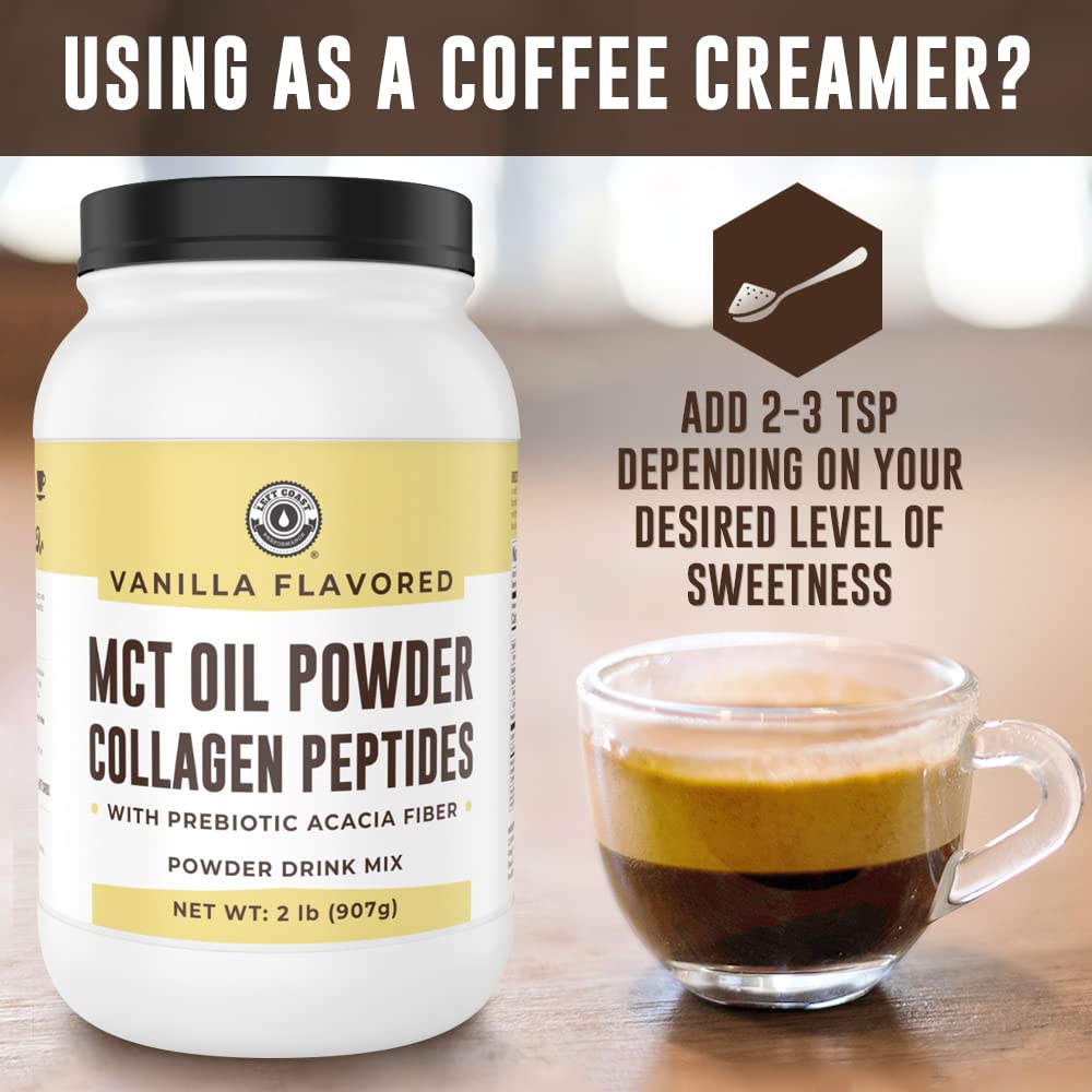 MCT oil powder + collagen container with a cup of coffee and text on using it as a coffee creamer.