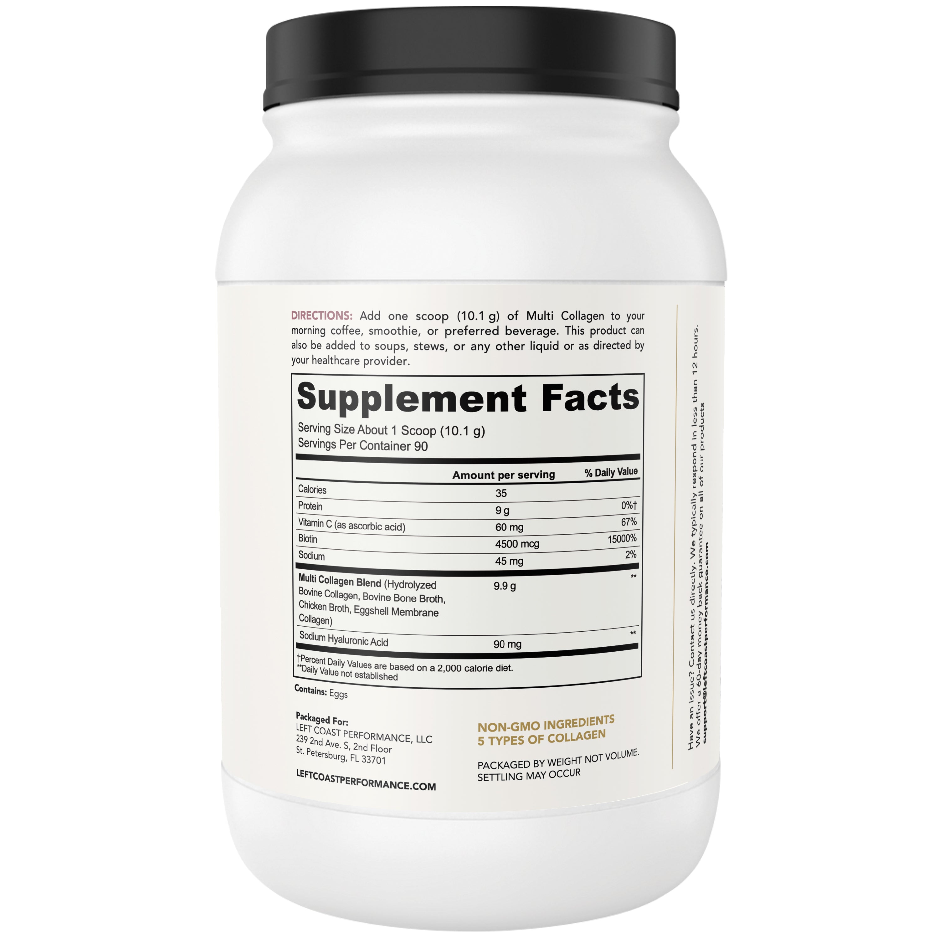 Multi collagen 32oz bottle side showing supplement facts and directions. 