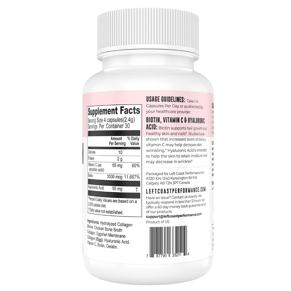 Back of multi collagen capsules bottle showing supplement facts, usage guidelines, and useful ingredient information. 