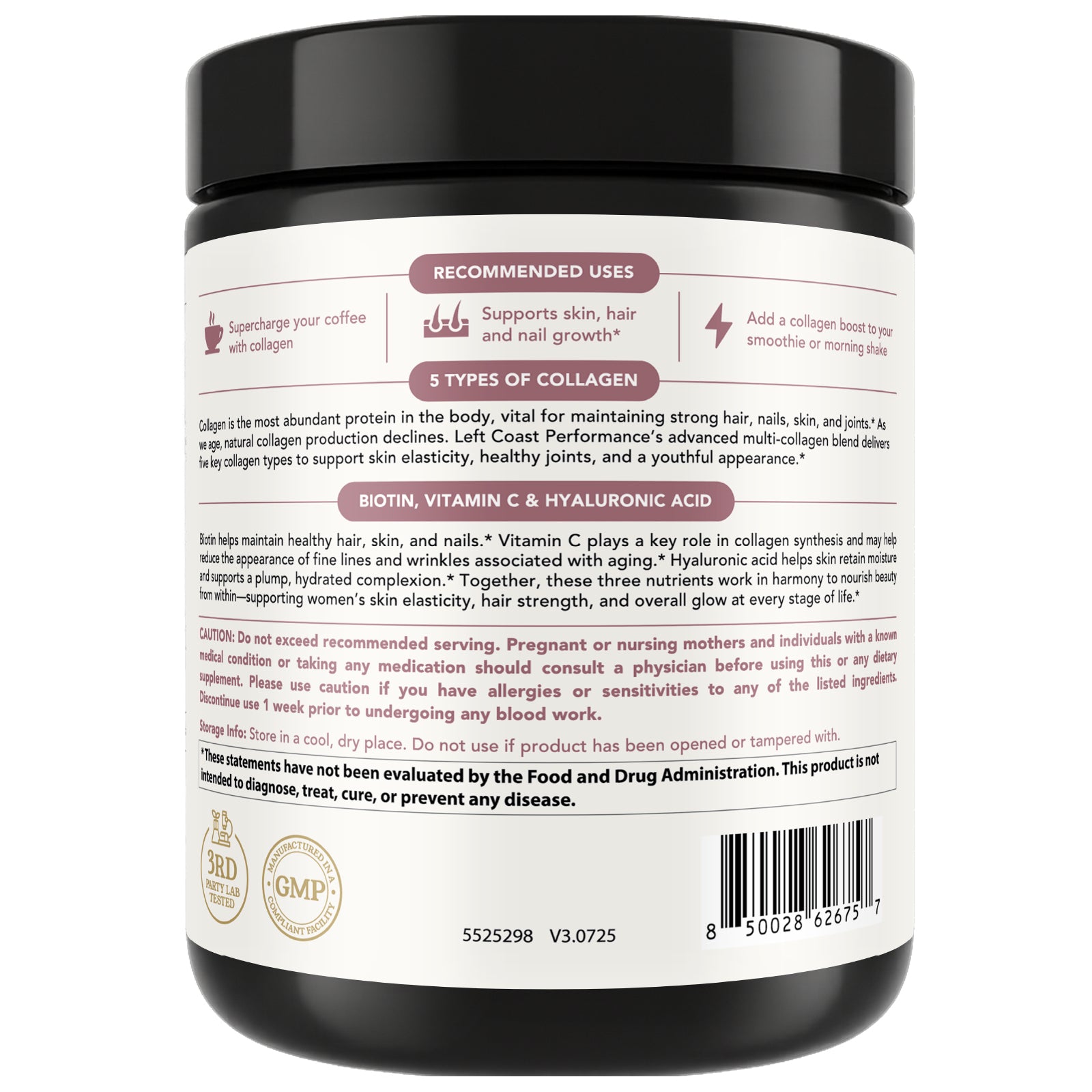Back label of the 1lb multi collagen peptides container showing recommended uses, 5 types of collagen, and additional ingredient benefit information. 