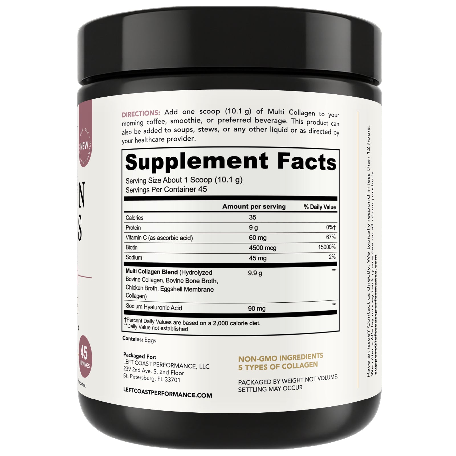 Side view of multi collagen peptides container showing directions, nutrition facts and five types of collagen. 