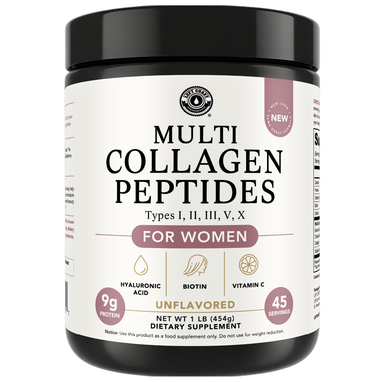 Multi collagen peptides supplement container for women in 1lb size.
