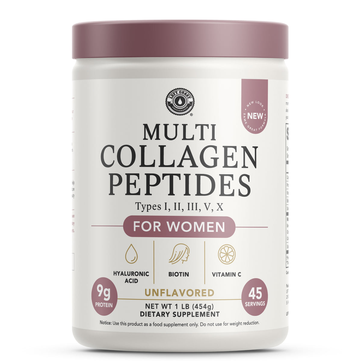 A tub of Multi Collagen Peptides powder supplement. The label features text and icons highlighting key ingredients like hyaluronic acid, biotin, and vitamin C, and notes 9g protein and 45 servings.