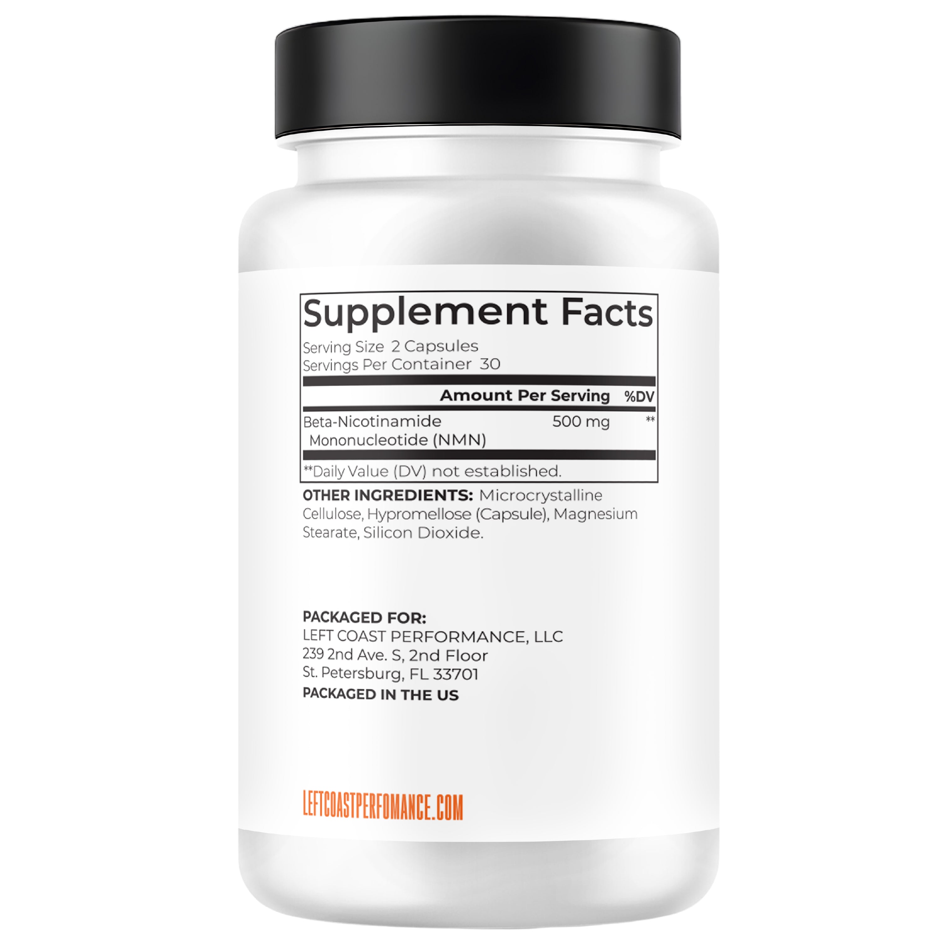 Back of NMN supplement bottle showing supplement facts with 500 mg Beta-Nicotinamide Mononucleotide per 2 capsule serving. 