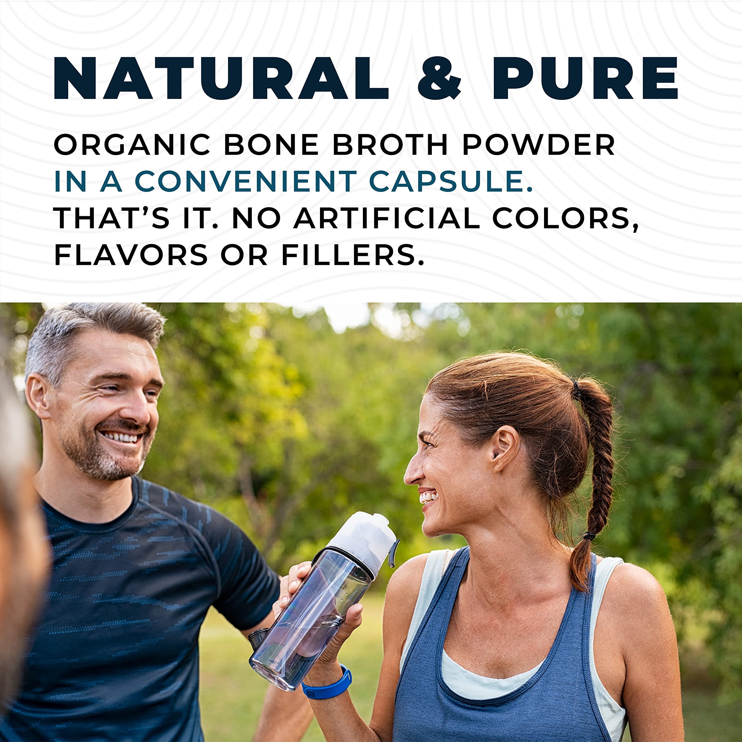 Smiling man and woman outdoors with text about bone broth powder capsules containing no artificial colors, flavors, or fillers.