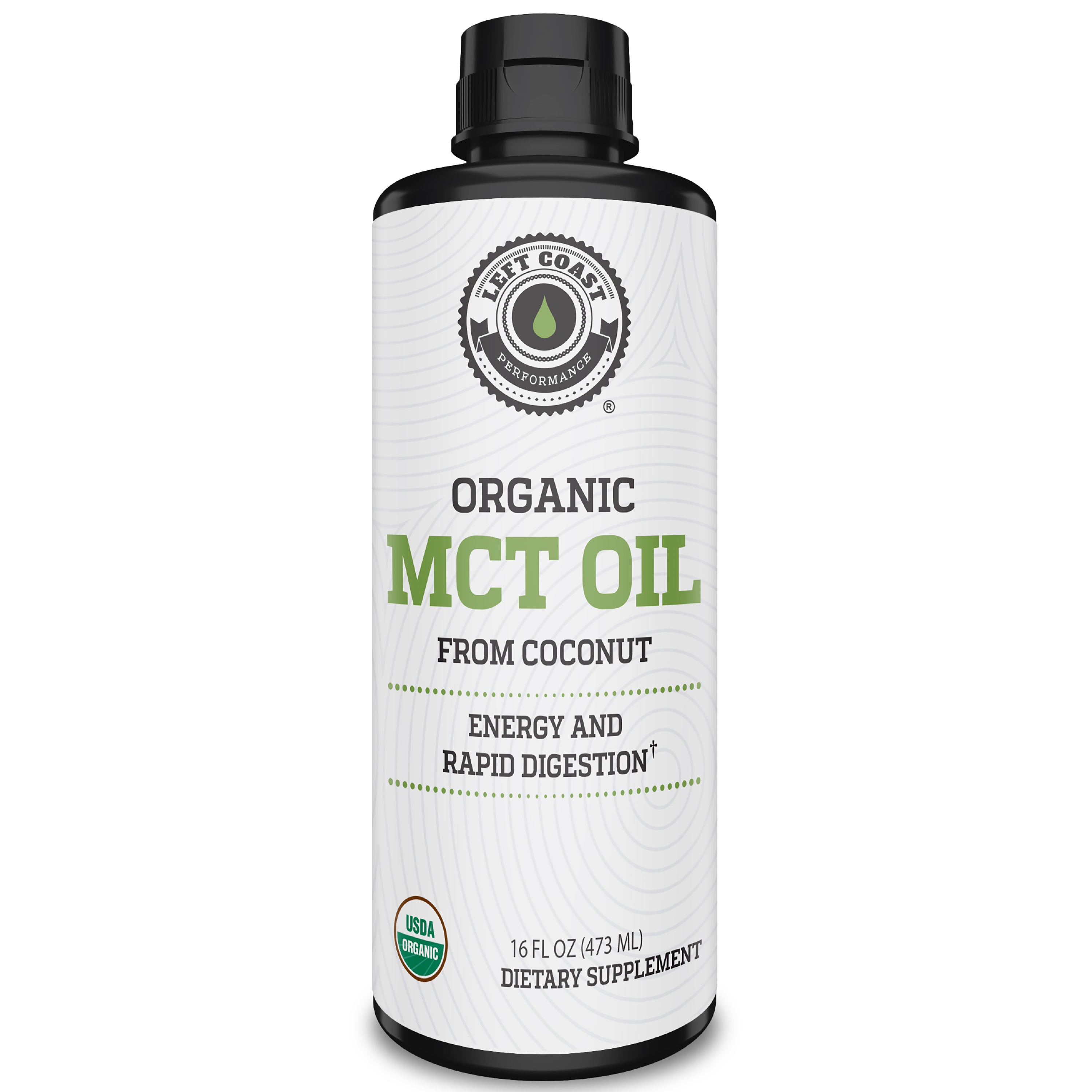 Bottle of  Left Coast Performance USDA Organic MCT Oil from coconut. 